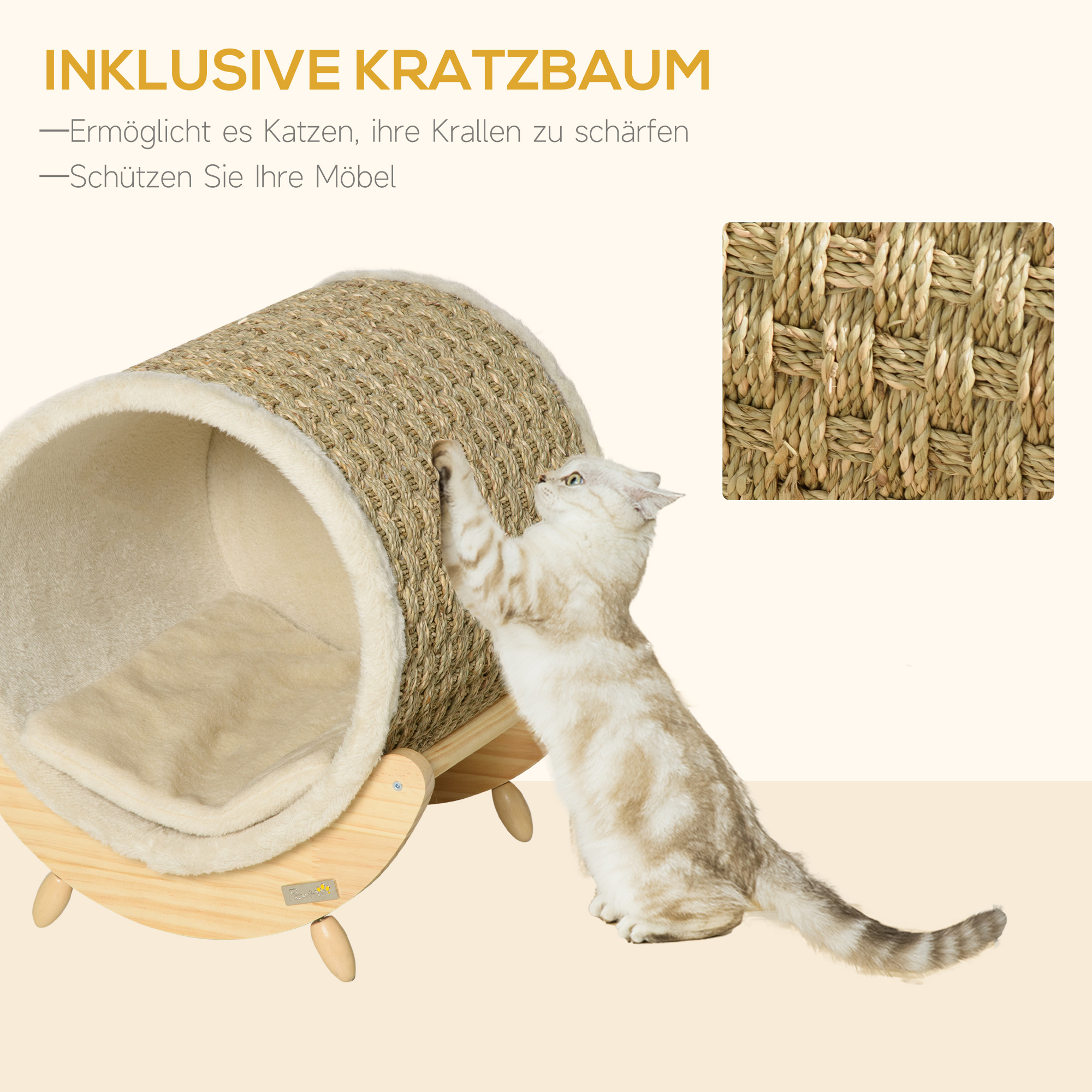 Katzenhöhle mit Kratzfläche inkl, Kissen, Kratztonne, 41 cm x 38 cm x 43 cm, Natur + Beige