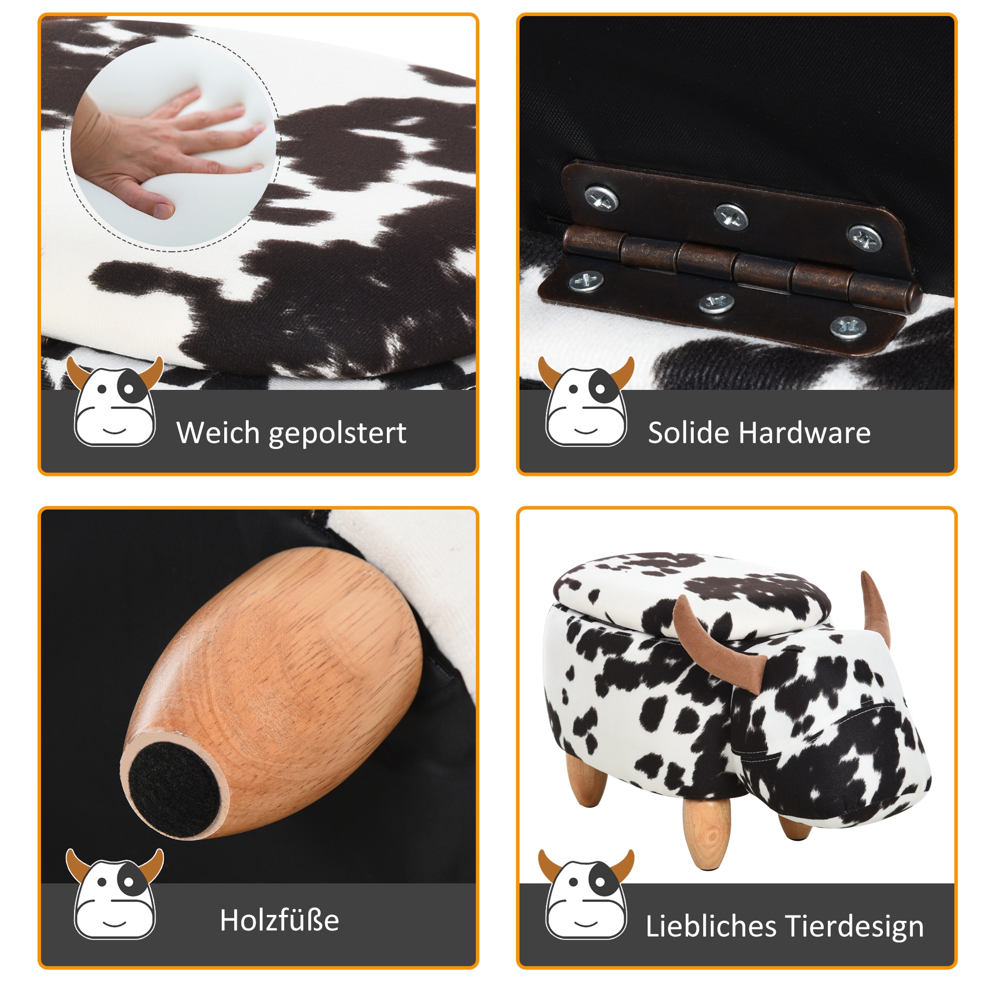 Tierhocker, Dekohocker mit Stauraum, Polsterhocker, Sitzhocker, Sitzbank mit Tier-Design, für Wohnzimmer, Schweinchen Fußbank, Schwarz+Weiß, 62 x 35 x 36 cm