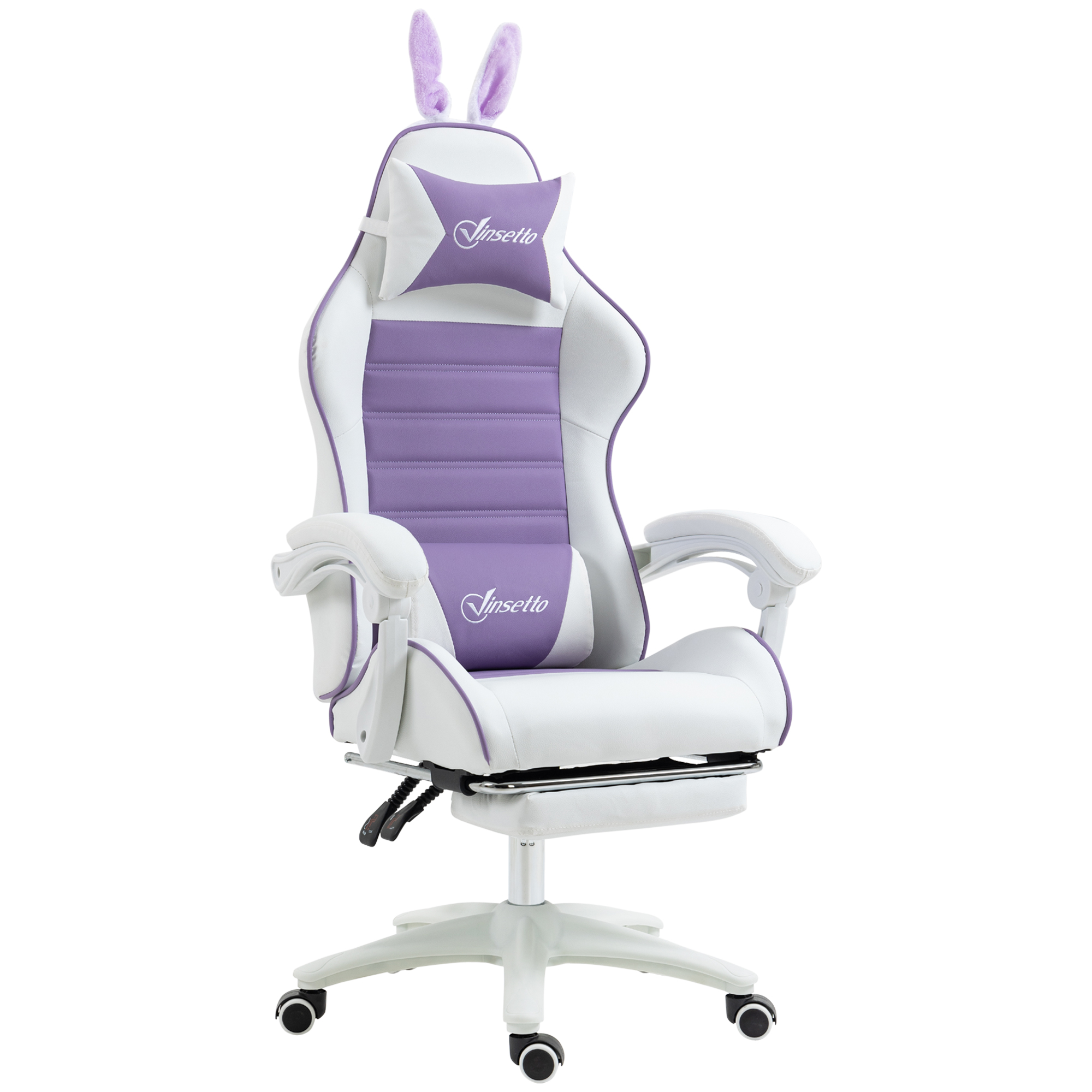 Gaming Stuhl, ergonomischer Gamer Stuhl mit Lendenwirbelstütze, Fußstütze, Hasenohren, Kopfkissen violett