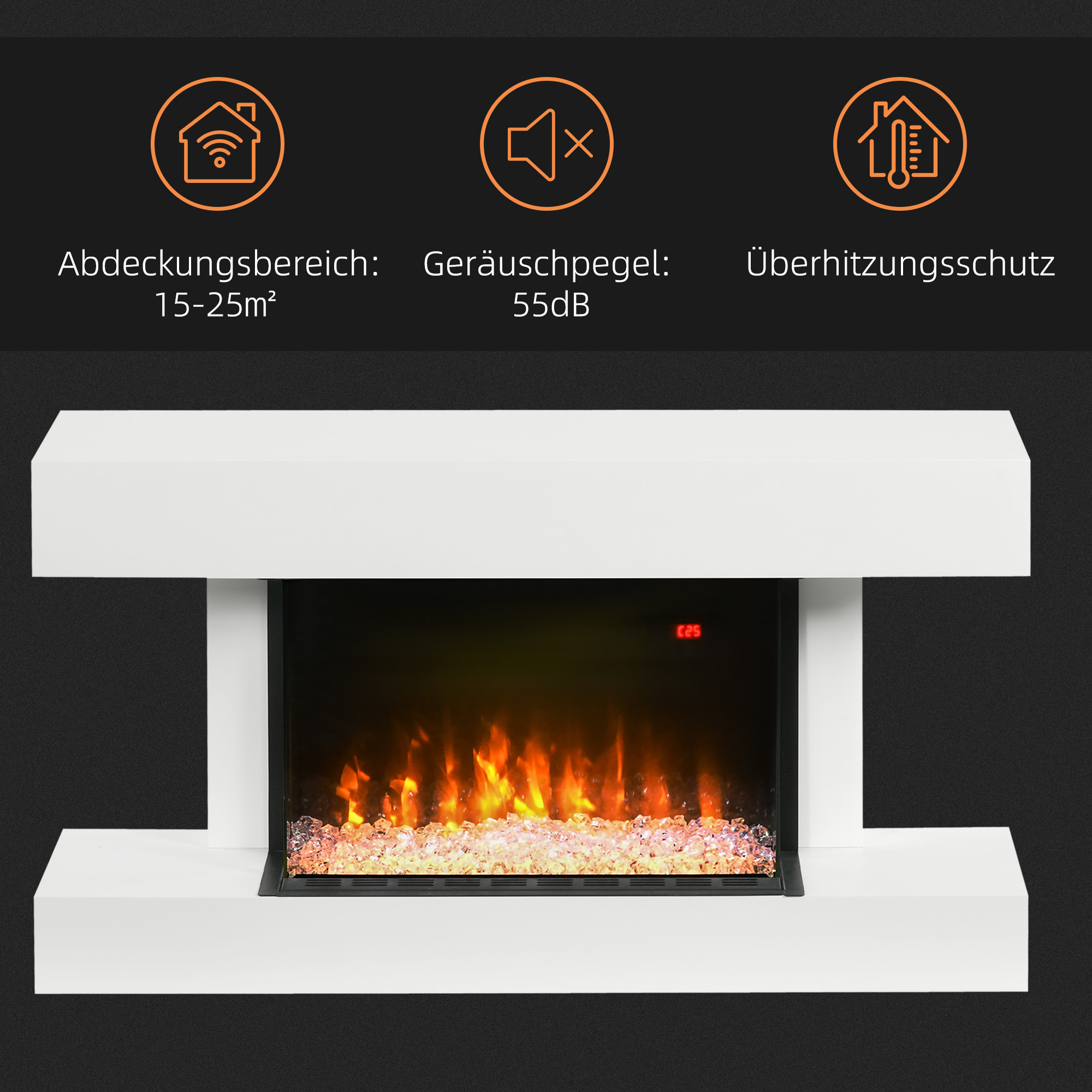 Elektrokamin, Wandkamin mit Heizung 2000 W, LED 3D-Flammeneffekt, Kristalle, in 11 Farben mit 3 Helligkeitsstufen, Elektrischer Kamin mit Fernbedienung, Timer, Wandmontage, Weiß