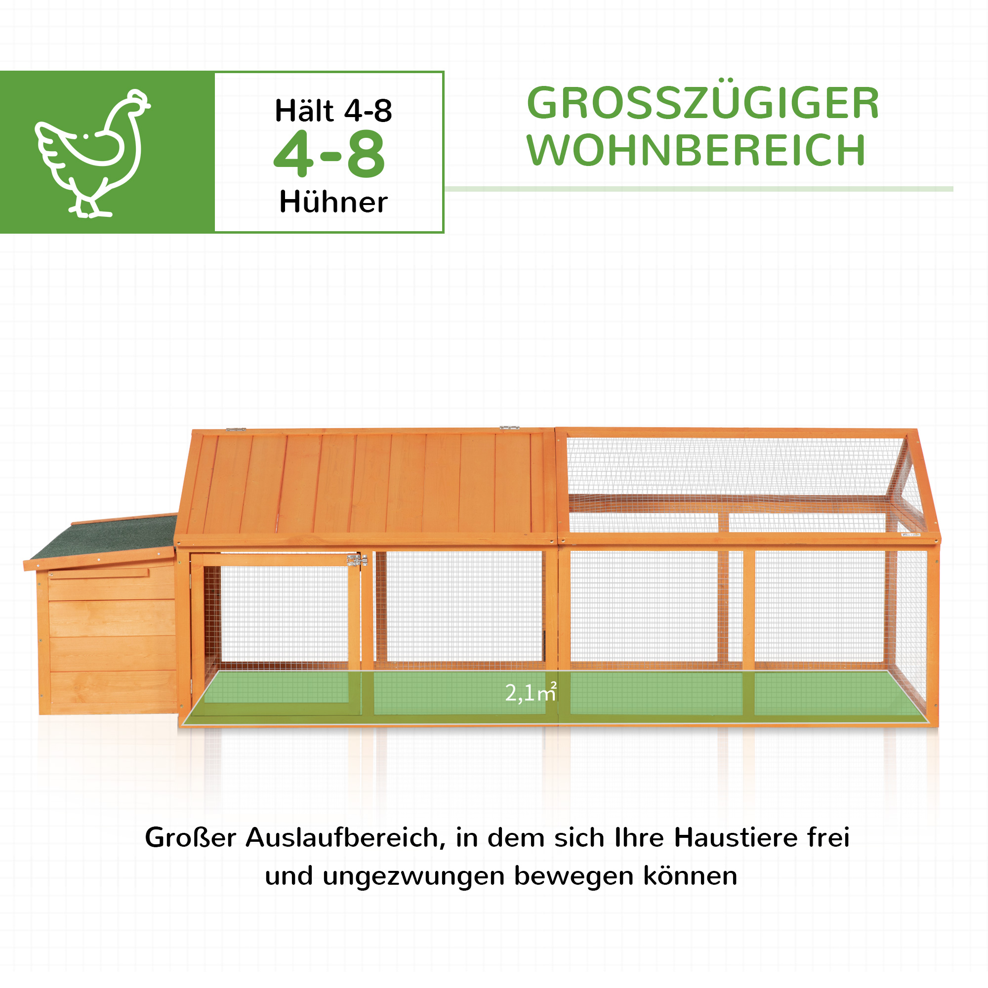 Hühnerstall Freilaufgehege 2,4 x 1,125 x 0,76 m Freigehege mit Schloss Tür aufklappbar Dach Tannenholz Orange