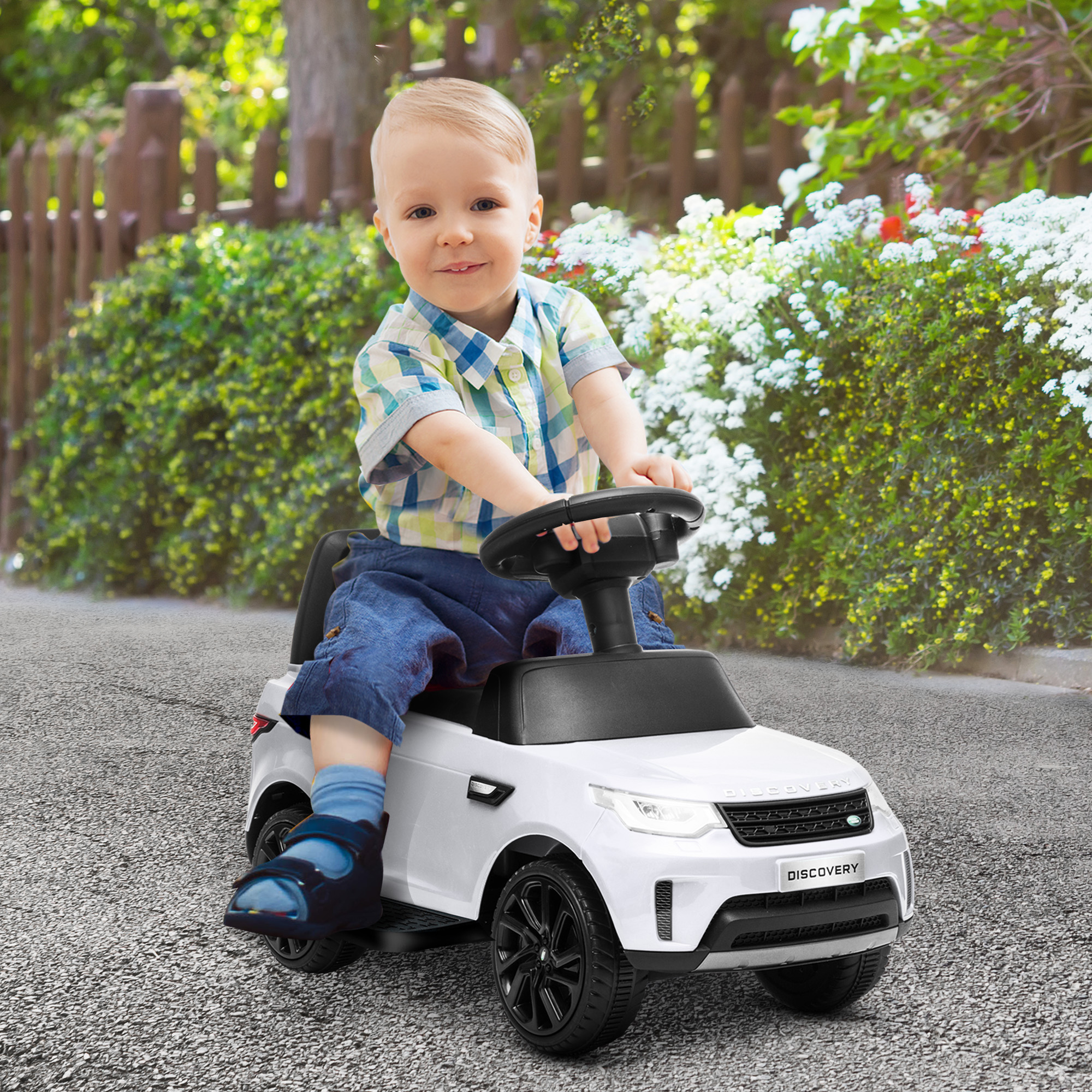 Elektro Kinderauto 6V, Land Rover, Fahr-/Schiebemodus, Scheinwerfer, Musik, Weiß