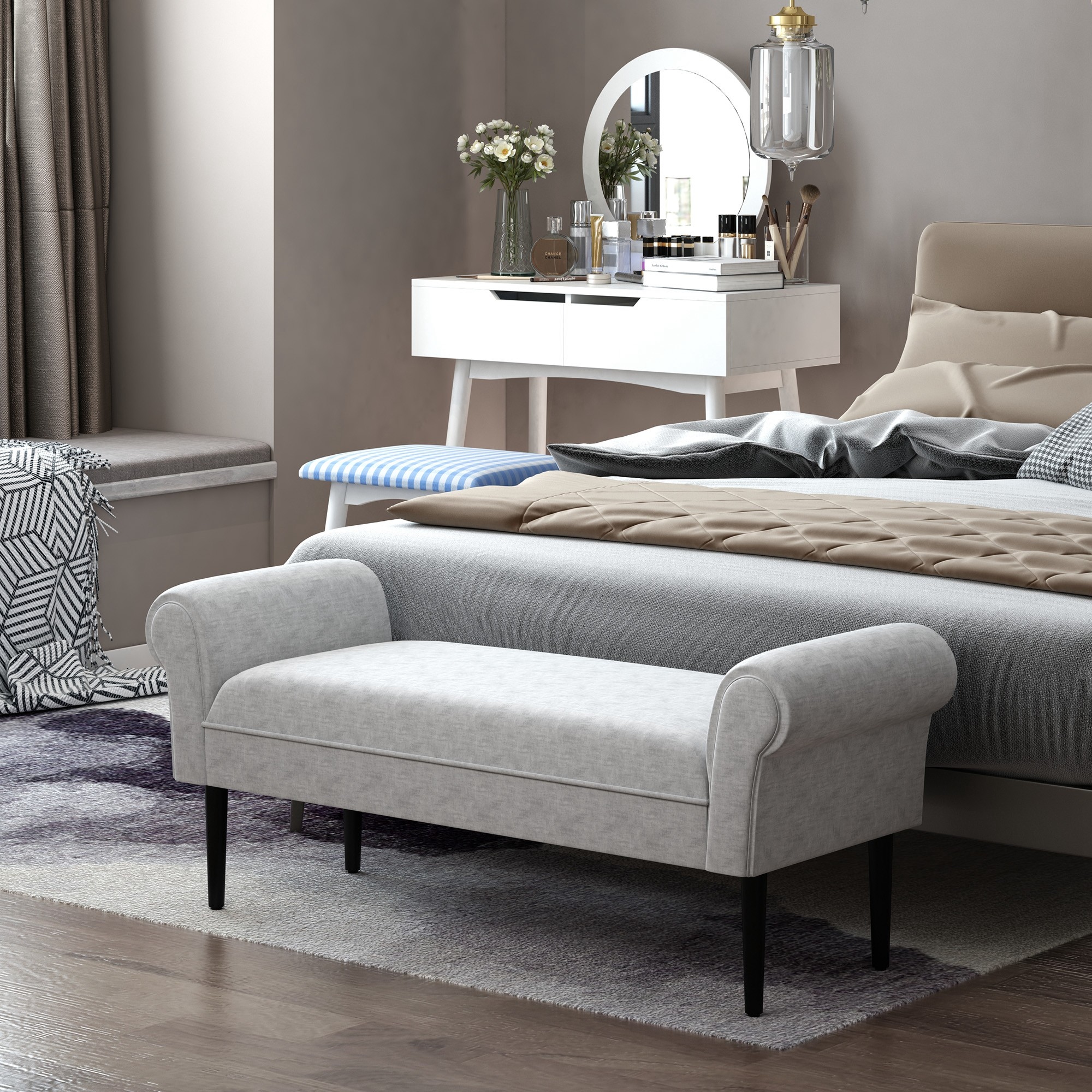 Polsterbank Sitzbank Lounge Sitzhocker Flurbank Bettbank elegant mit gerollten Seiten Leinenstoff Schaumstoff Polyester Hellgrau 132 x 45,5 x 58 cm