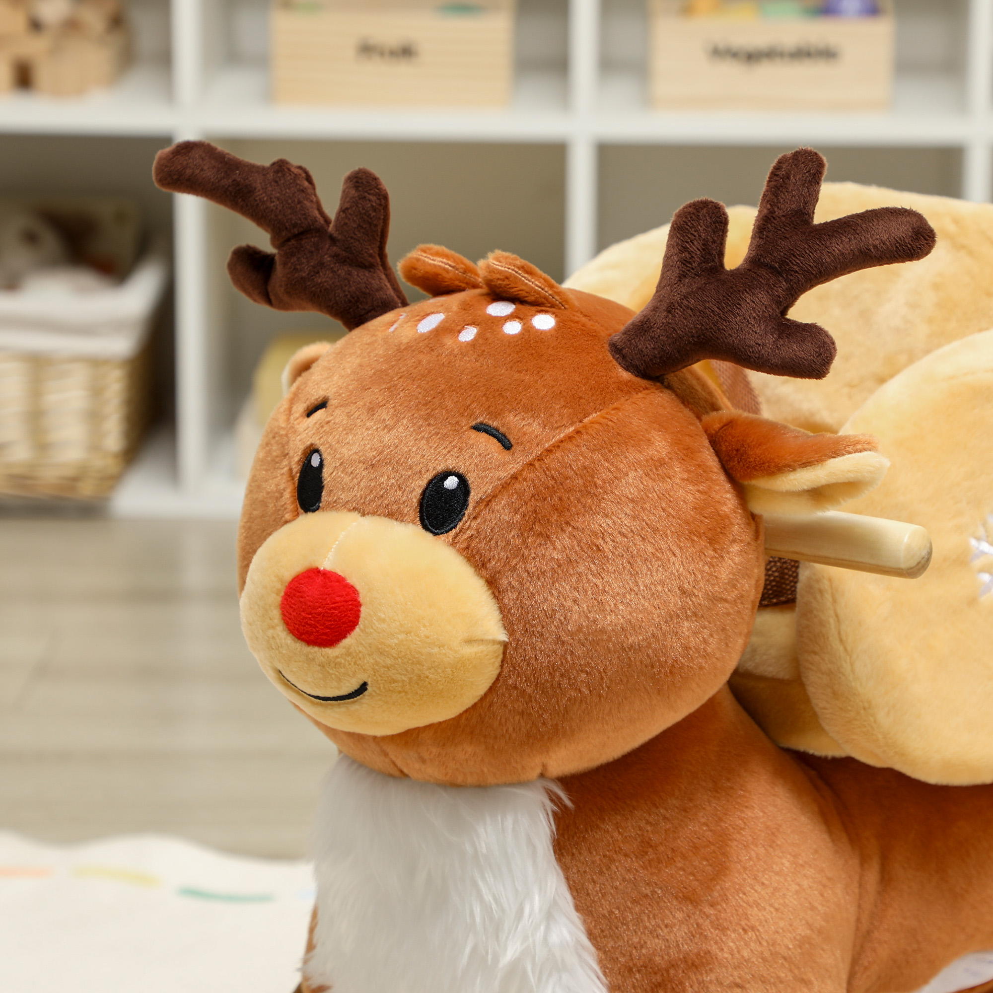 Kinder Schaukelpferd Baby Schaukeltier Rentier mit Schlafliedern, für 18-36 Monate Plüsch 65 x 35 x 59 cm Braun