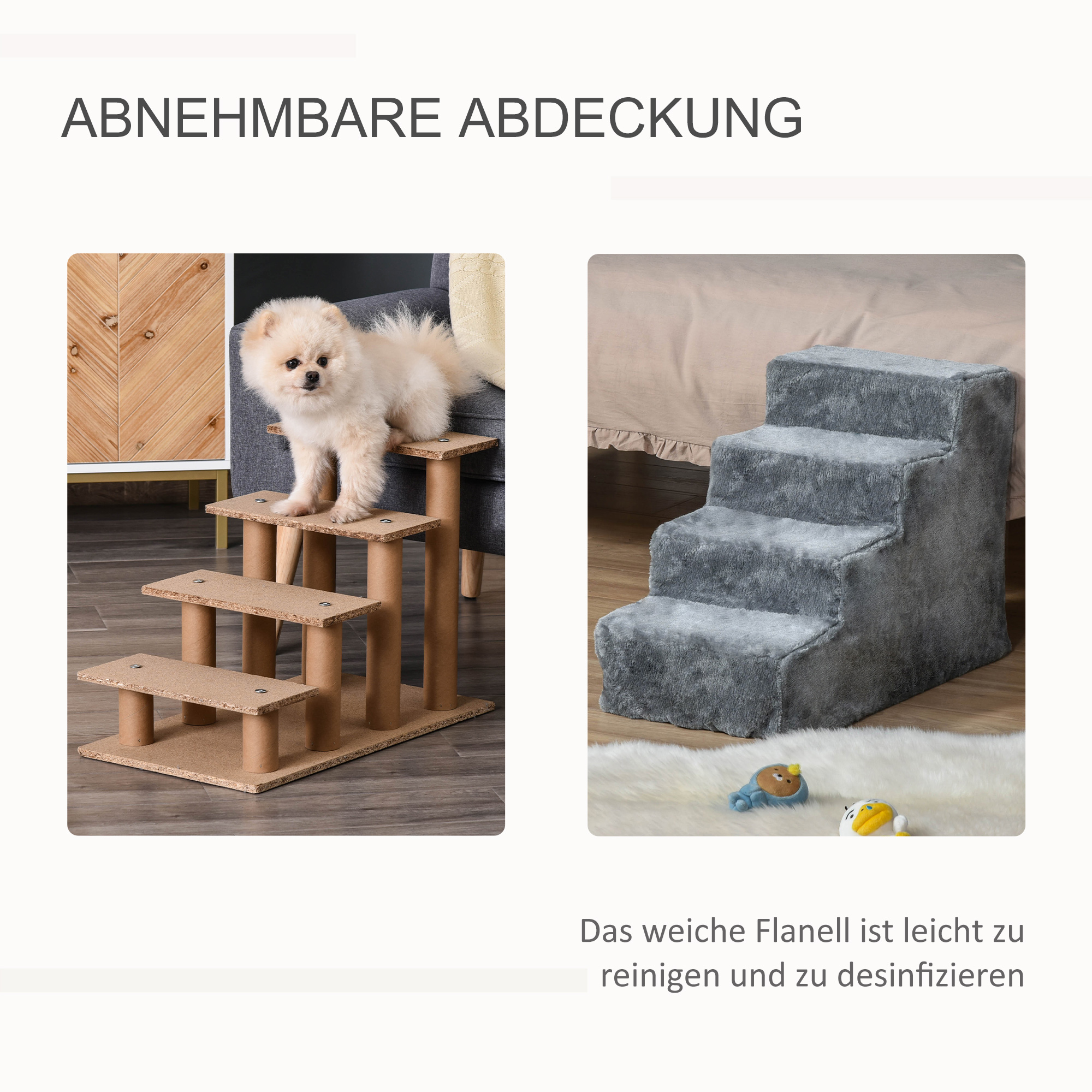 Hundetreppe 4-stufig, 35 cm Katzentreppe für Bett und Sofa, Haustiertreppe für Hunde und Katzen bis 5 kg, Plüschoptik, Hellgrau