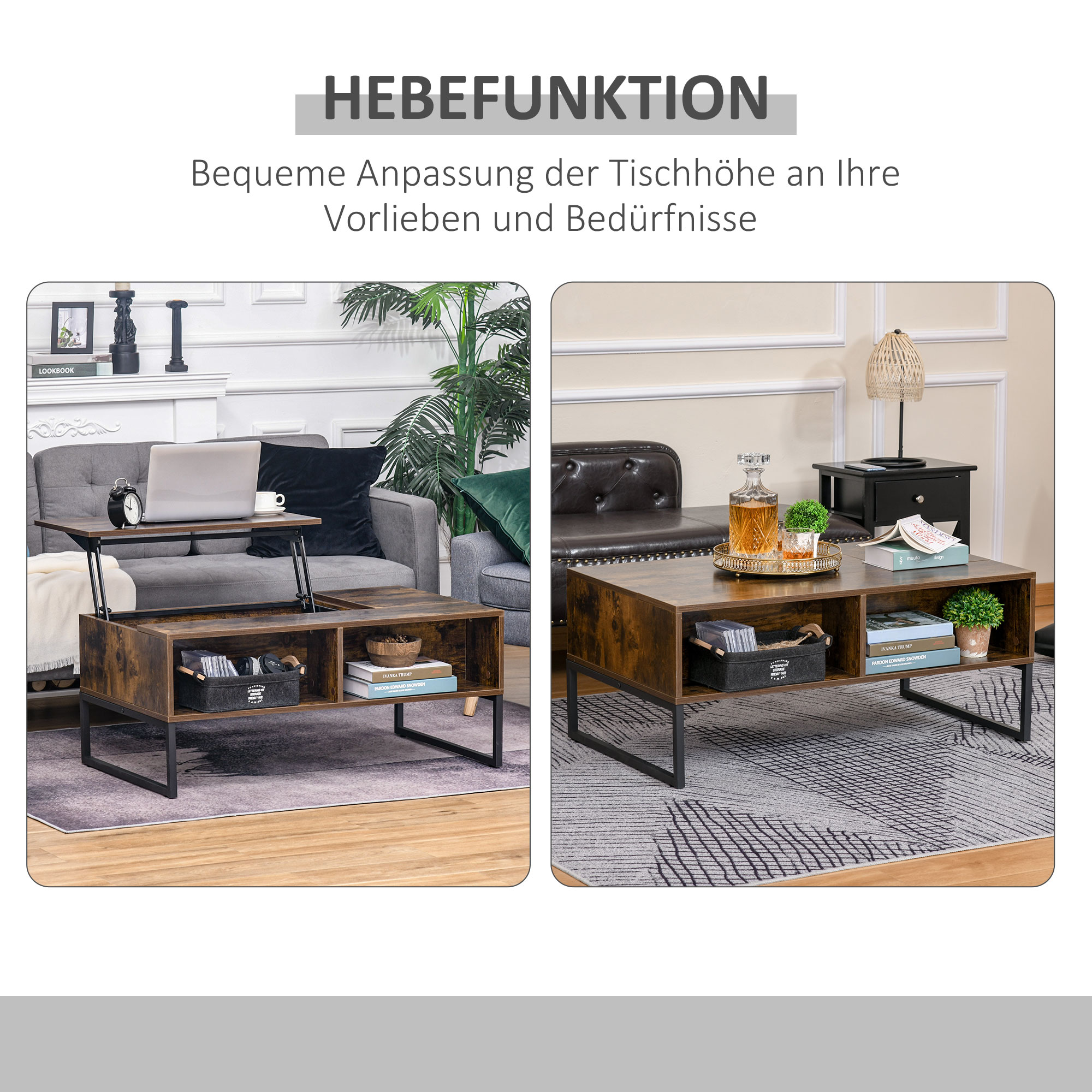 Couchtisch Wohnzimmertisch Kaffeetisch mit Höhenverstellbarer Platte Spanplatte Braun 100 x 60 x 44 cm