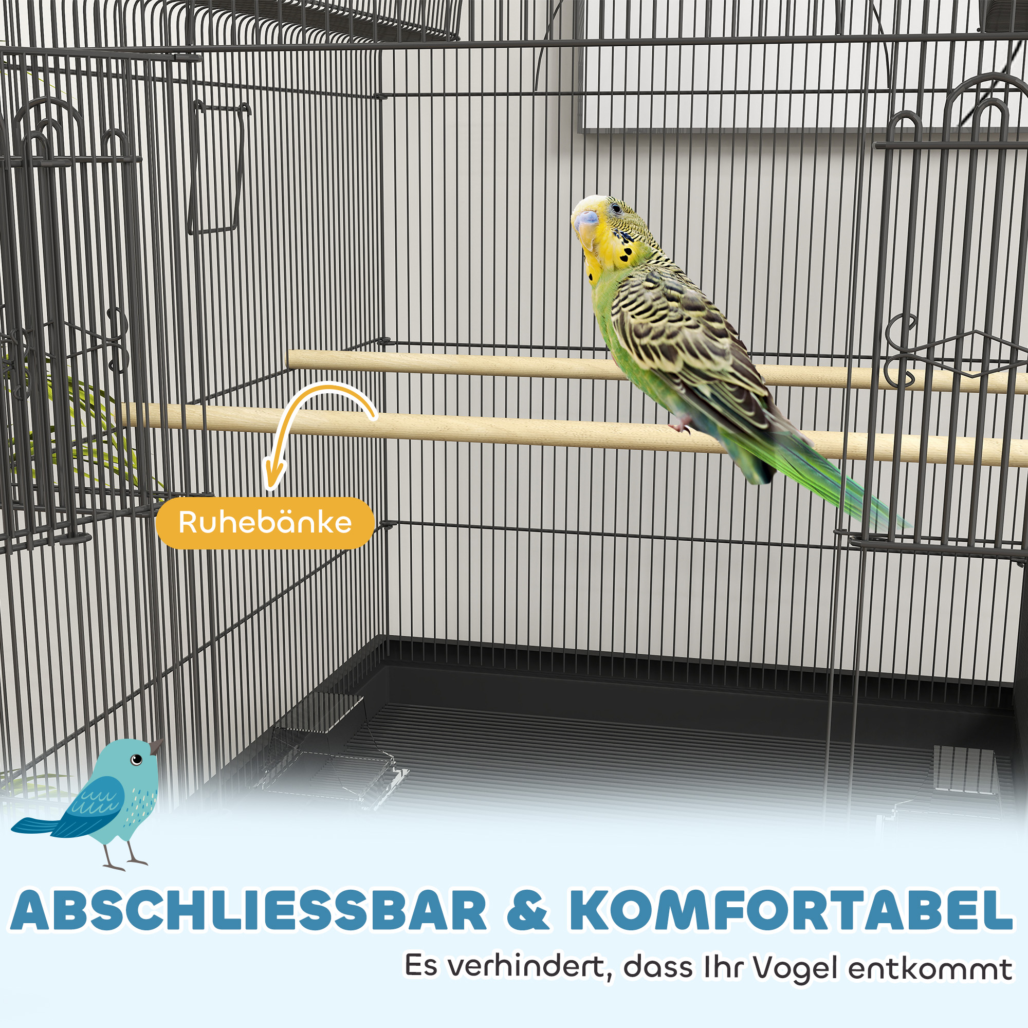 Vogelkäfig für Kanarienvögel & Wellensittiche, mobil, mit Bodenfach, Metallgitter, Schwarz