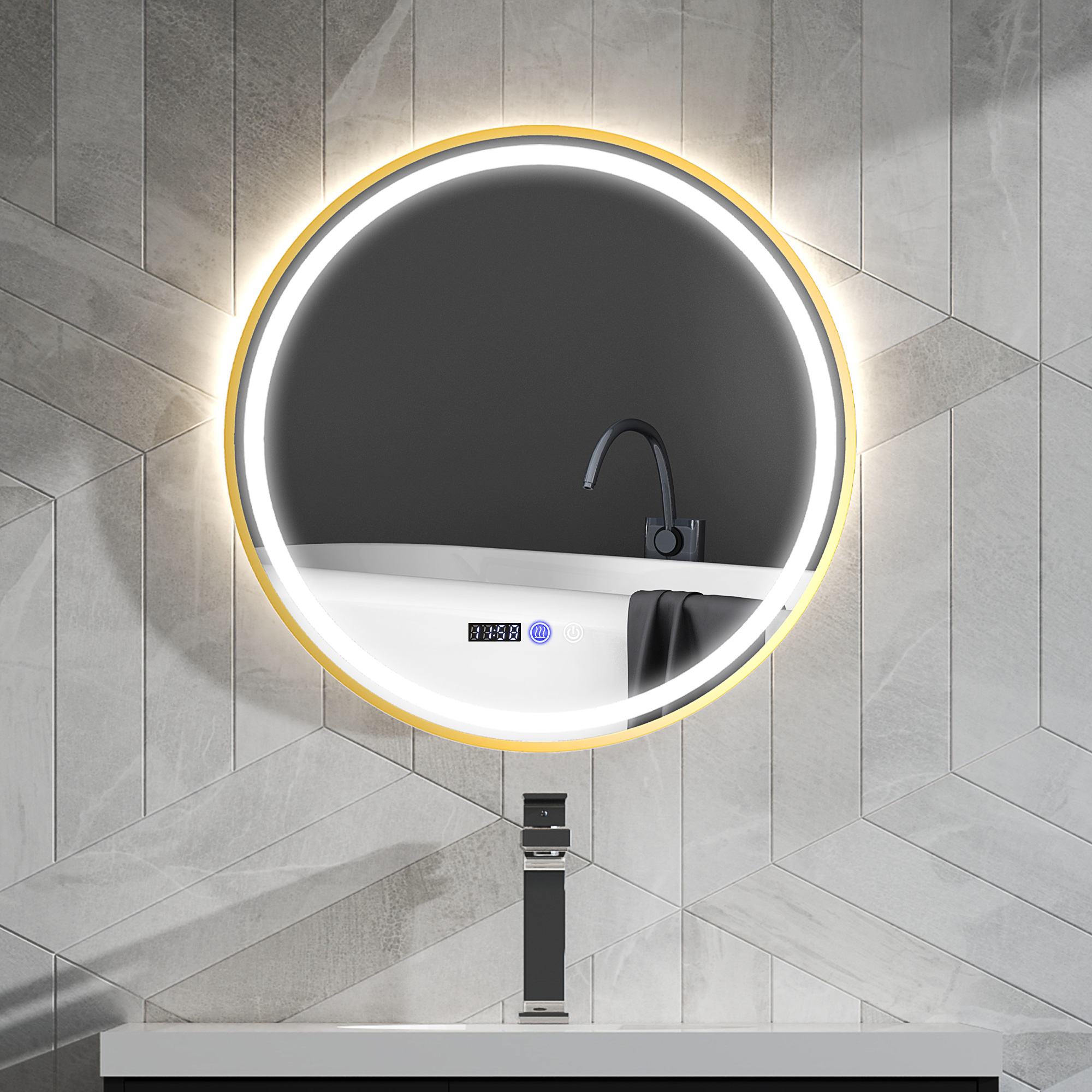 Runder Badezimmerspiegel mit LED-Lichtern, Badspiegel mit Anti-Beschlag-Funktion, Touch-Bedienung, Display