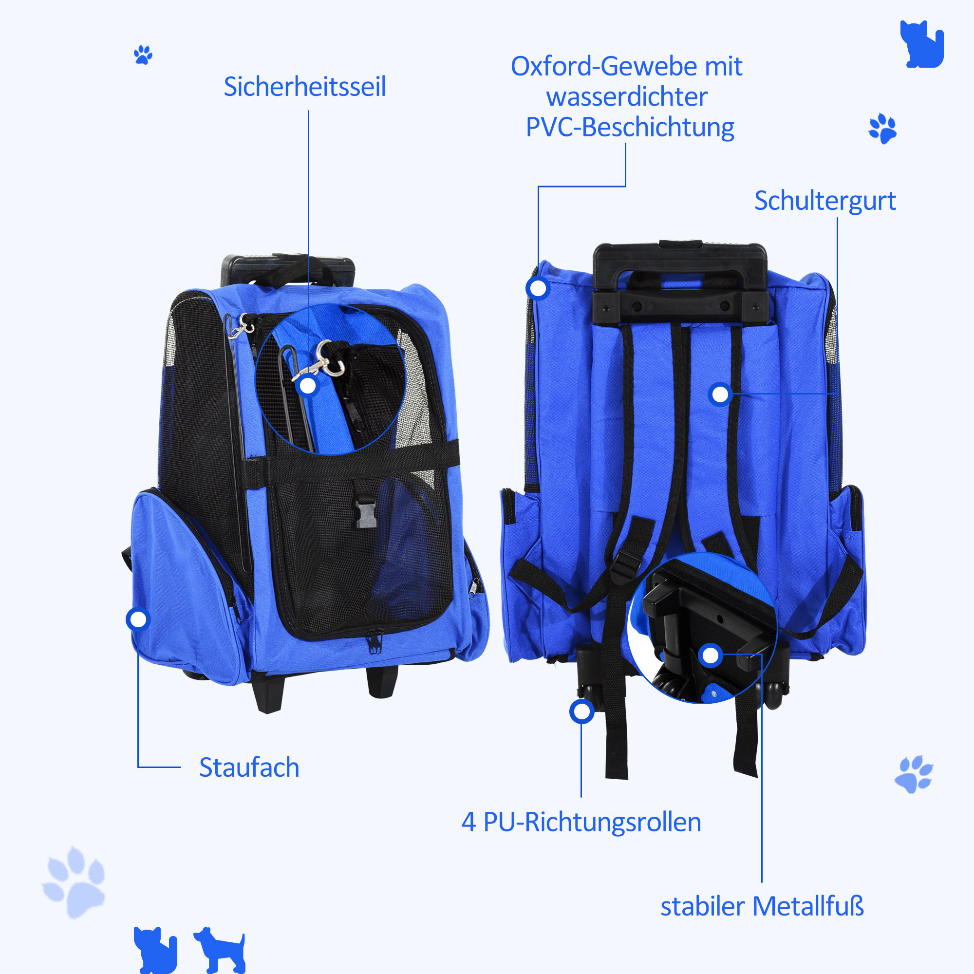 Hundetransporttasche, Haustierrucksack, 2-in-1-Design, ausziehbarer Griff, Seitentaschen, Blau, 42 x 25 x 55cm