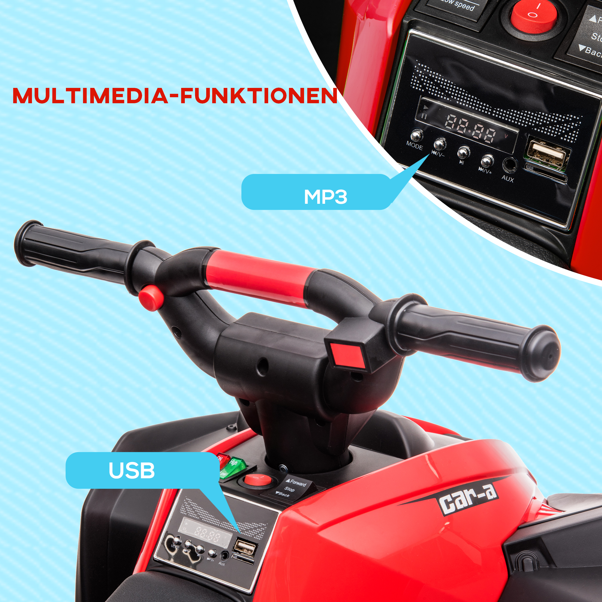 Kinderquad, LED-Scheinwerfer, MP3-Player, Stoßdämpfer, ergonomischer Sitz, Rot+Schwarz