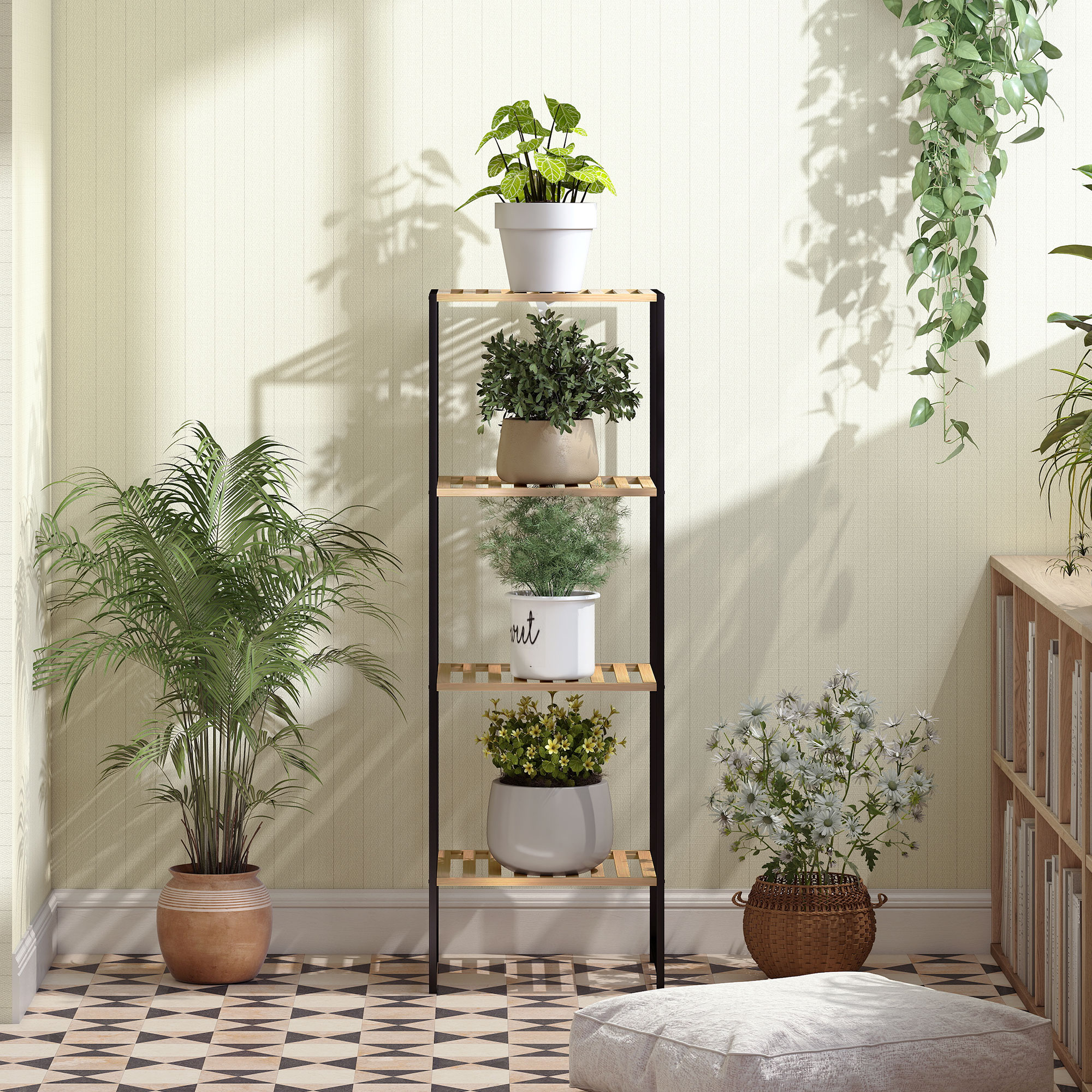 Standregal Badregal aus Bambus und Stahl, mit 4 Ablagen, 4-stöckiges Bücherregal, 36,5 x 33 x 110 cm, Natur