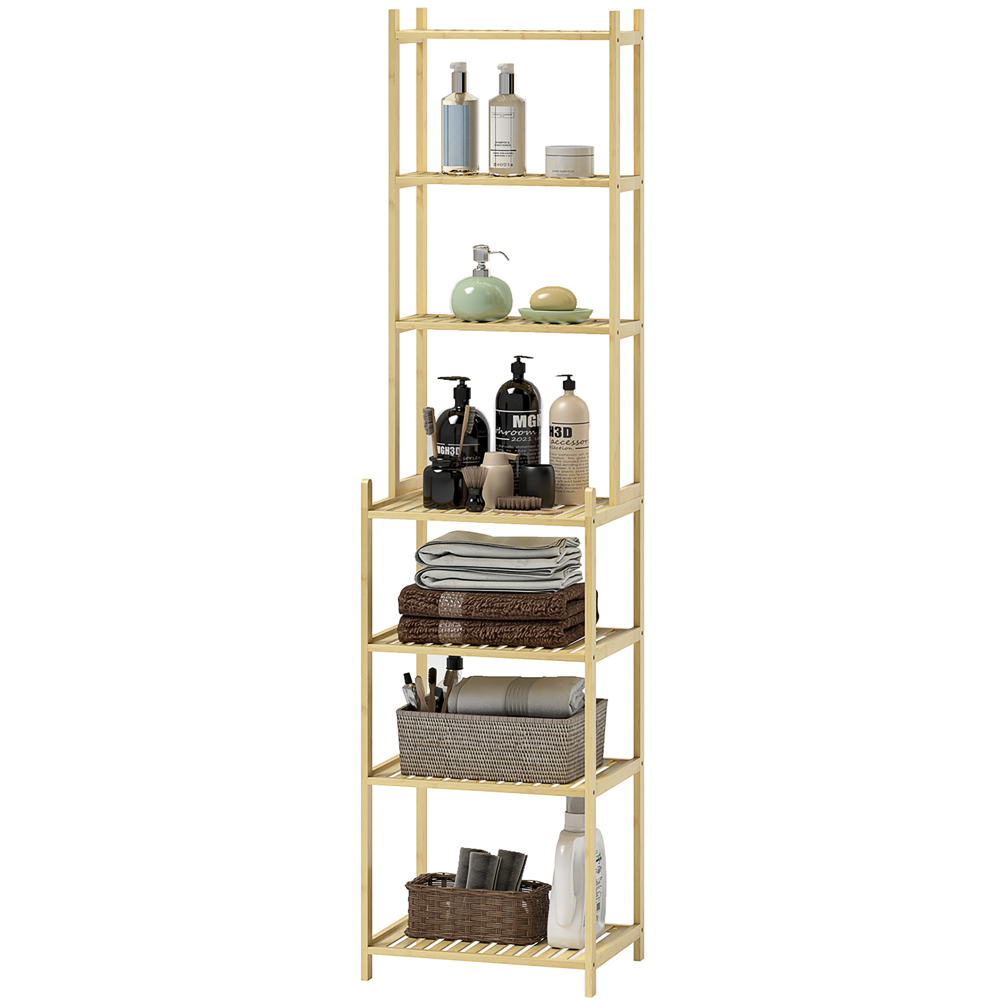 Badezimmerregal mit 7 Ebenen, Badregal aus Bambus, wasserfest, robust, 180 cm Badezimmerregal mit 7 Ebenen, Badregal aus Bambus, wasserfest, robust, 180 cm