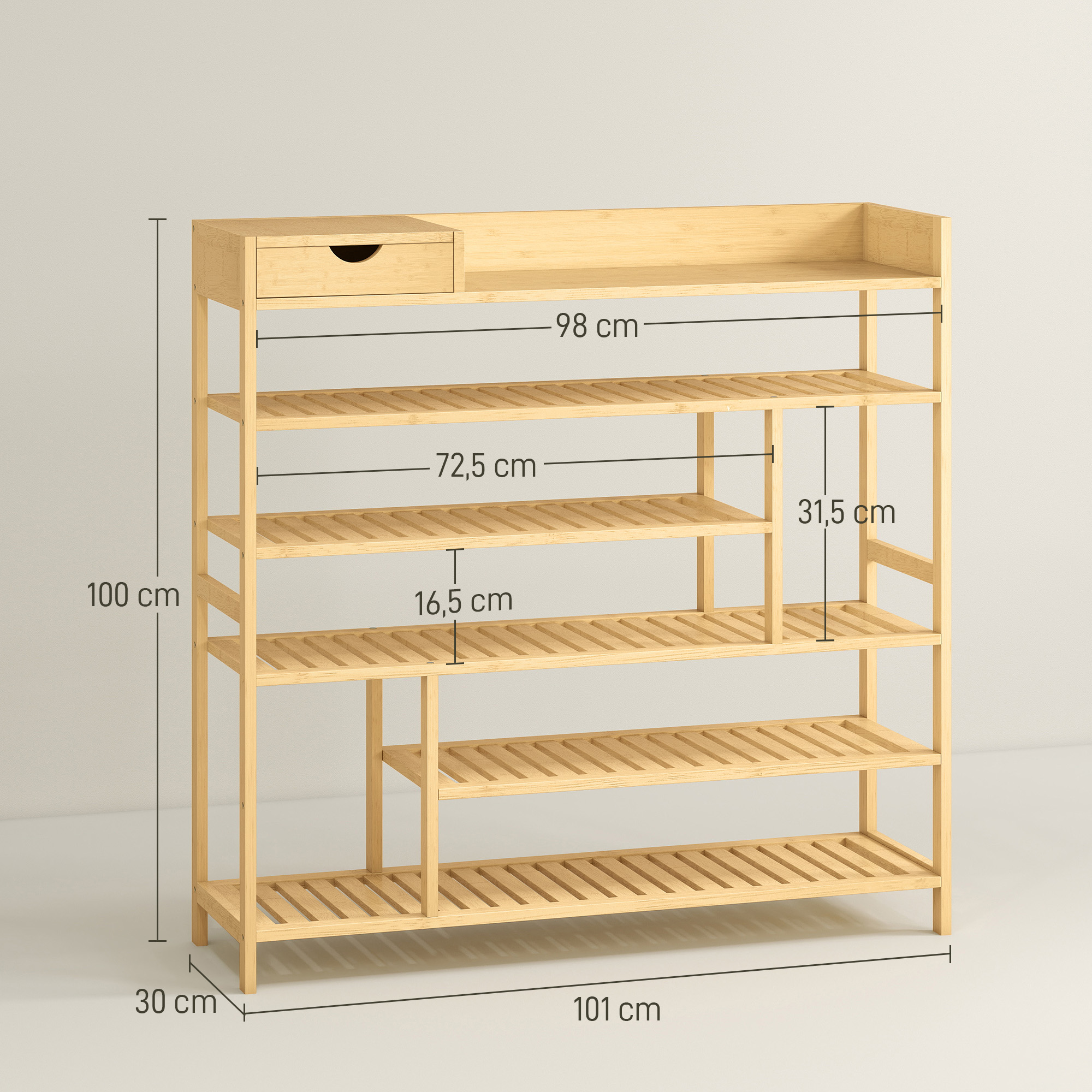 Schuhregal, Schuhständer mit 6 Ebenen, Schublade aus Bambus, für max, 18 Paar Schuhe, Schuhablage für Eingang, Schlafzimmer, 101 x 30 x 100 cm, Natur