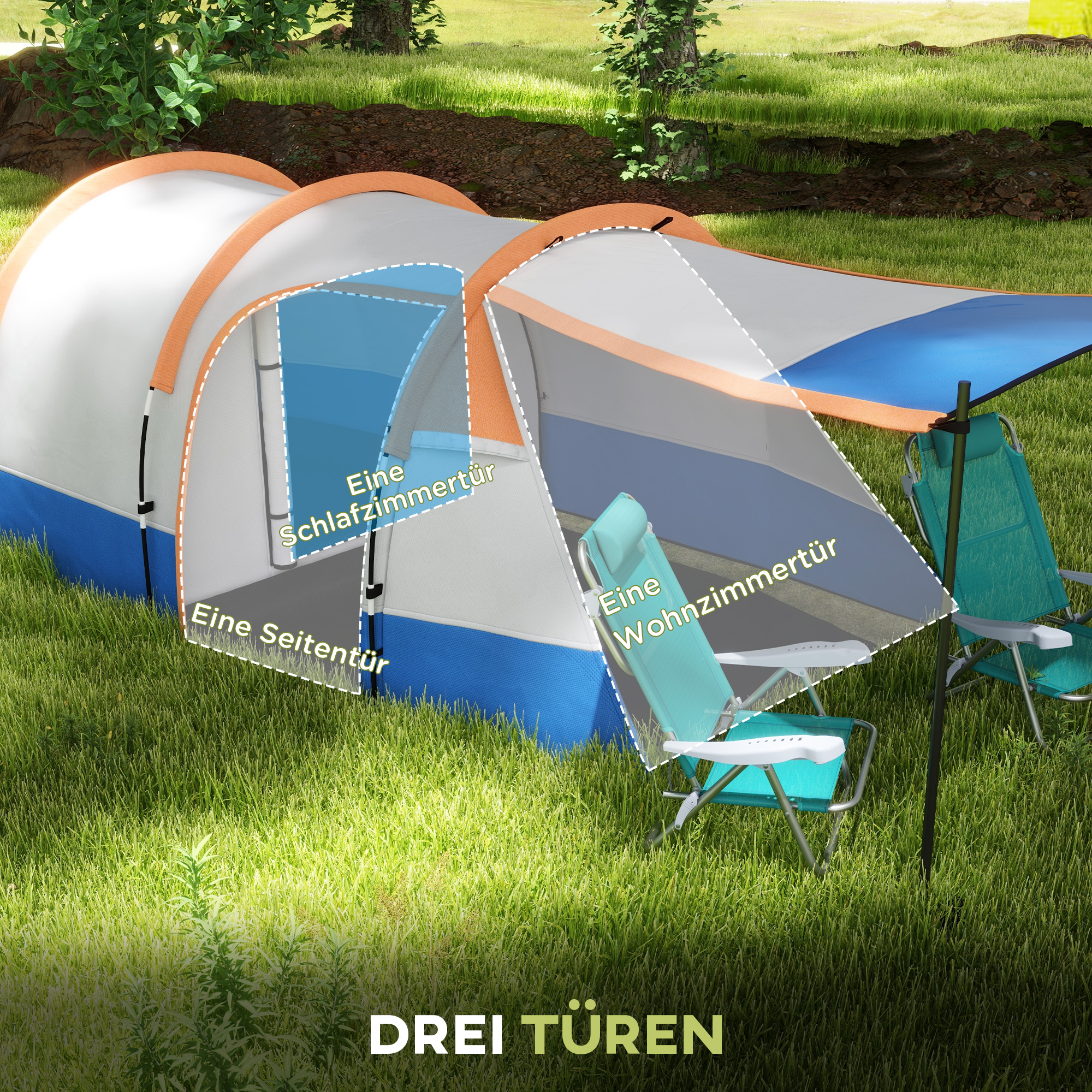 Campingzelt, für 3 Personen, Laternenhaken, drei Eingänge, wasserdicht, Orange