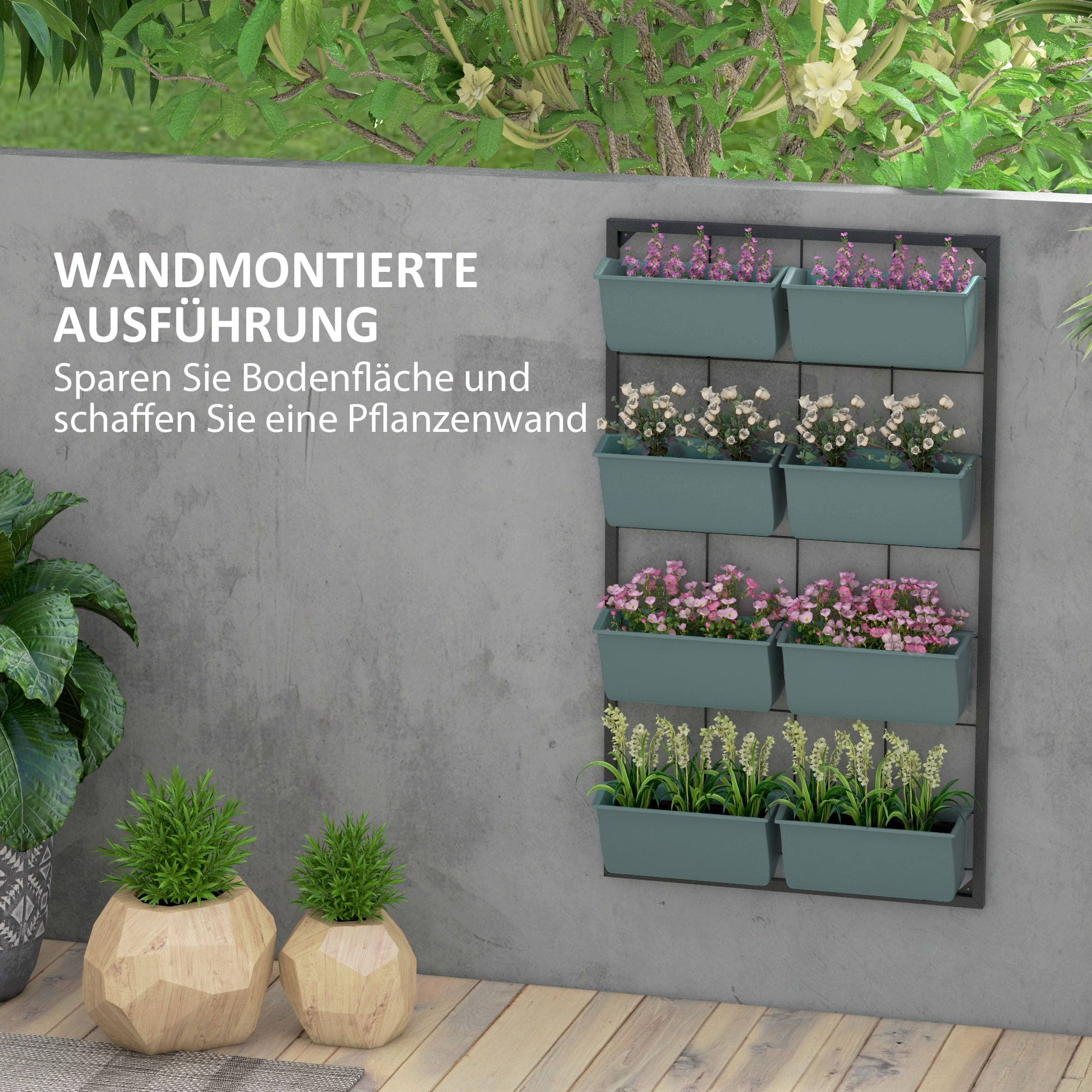 Pflanzentreppe Blumentreppe  8 Pflanzkästen, stapelbar, wetterbeständig, 52,5 x 14 x 90 cm, Grau + Schwarz