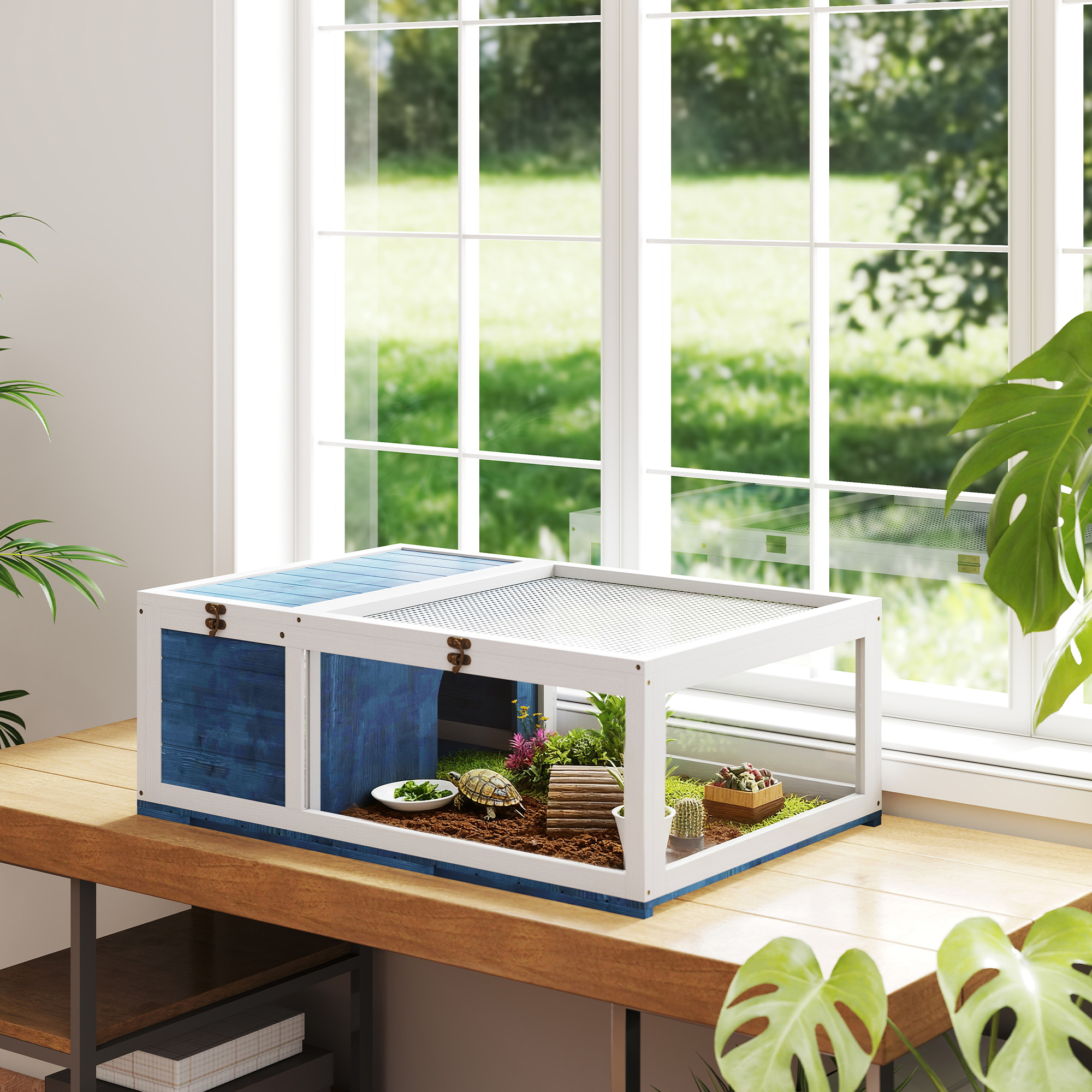 Schildkrötenhaus aus Holz Schildkrötengehege mit Haupthäusern aufklappbarem Oberseite 91x60,5x32 cm, Blau