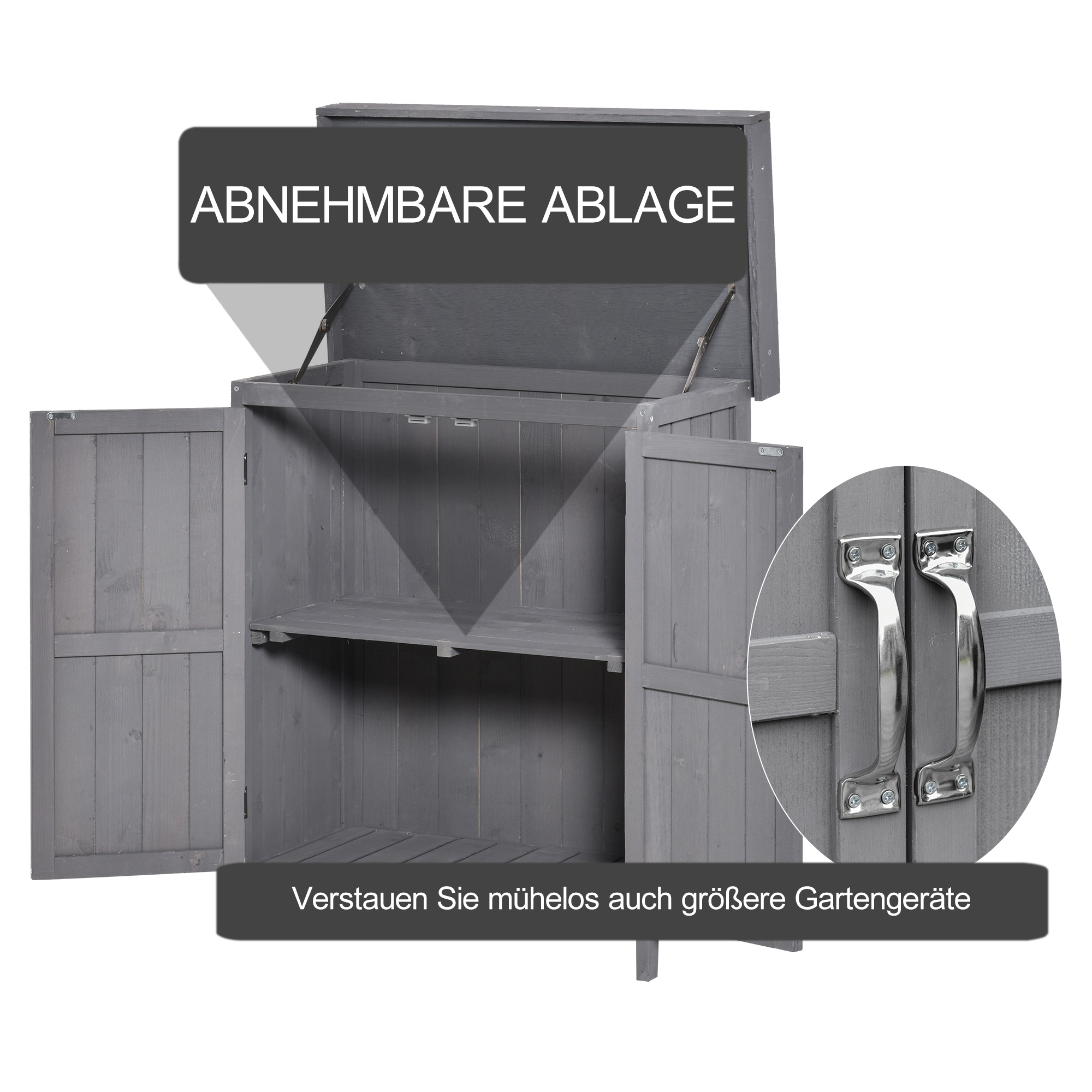 Geräteschrank, Doppeltür, Klappdeckel, 2 Regalfächer, wetterfest, Naturholz, grau, 74 x 43 x 88cm