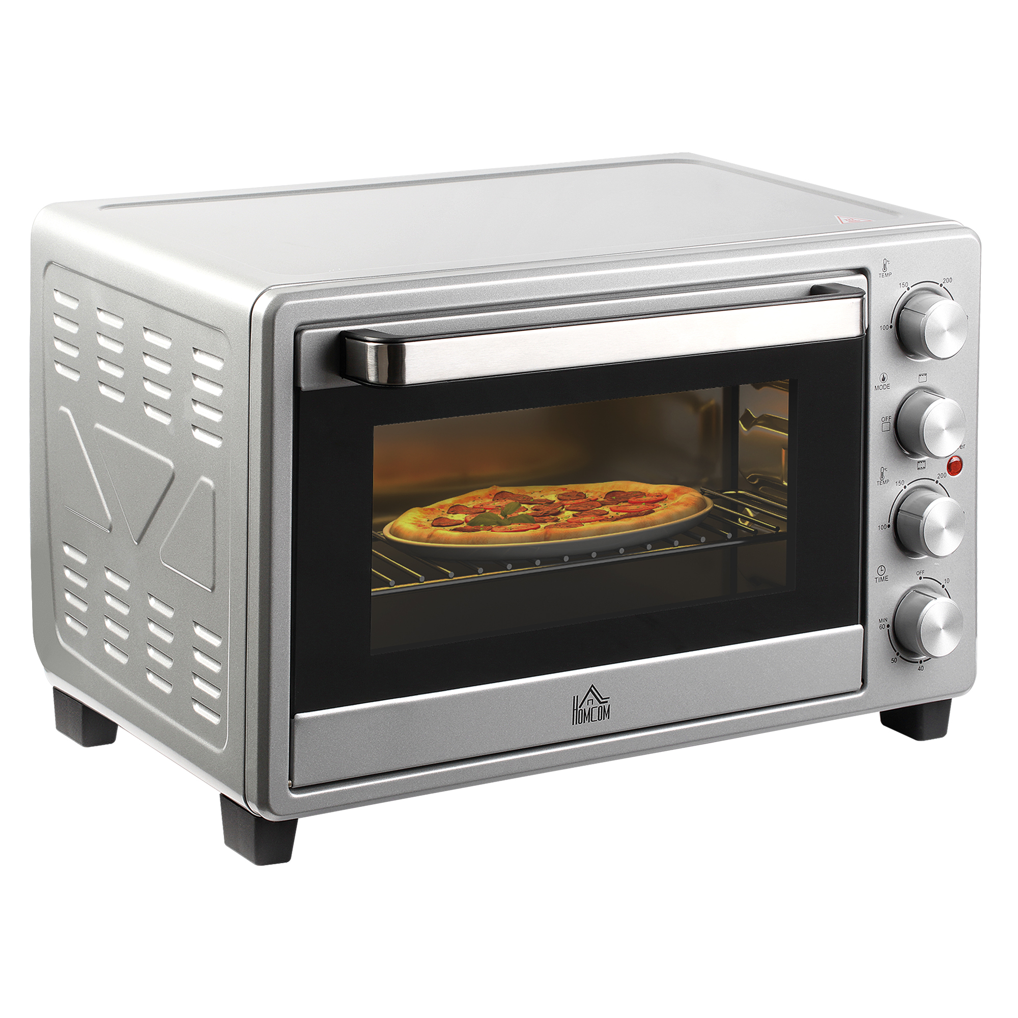 Mini Backofen 32L 100 °C-230 °C 1600 W Mini Ofen mit Backblech Krümelblech Grillrost und 3 Kochmodi Pizzaofen mit Timer Backblech-Griff Edelstahl Silber