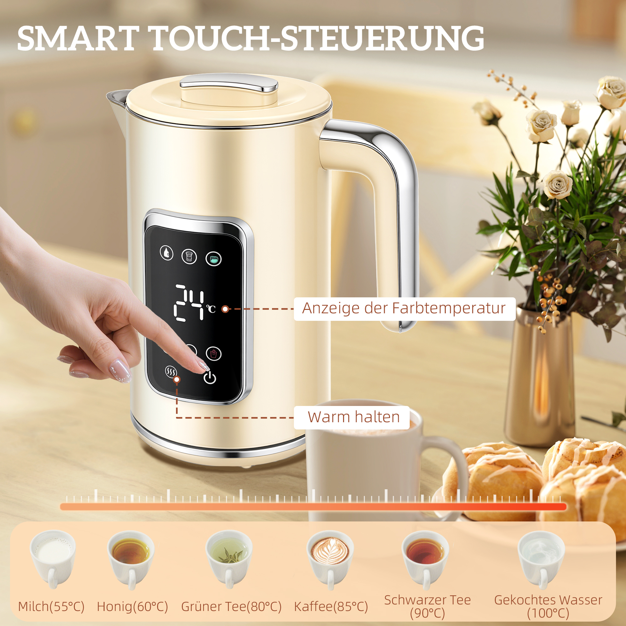 Wasserkocher und Toaster-Set mit LED-Touchscreen, 1,7 L, 2 Toasterschlitze, verschiedene Modi und Funktionen, Cremeweiß