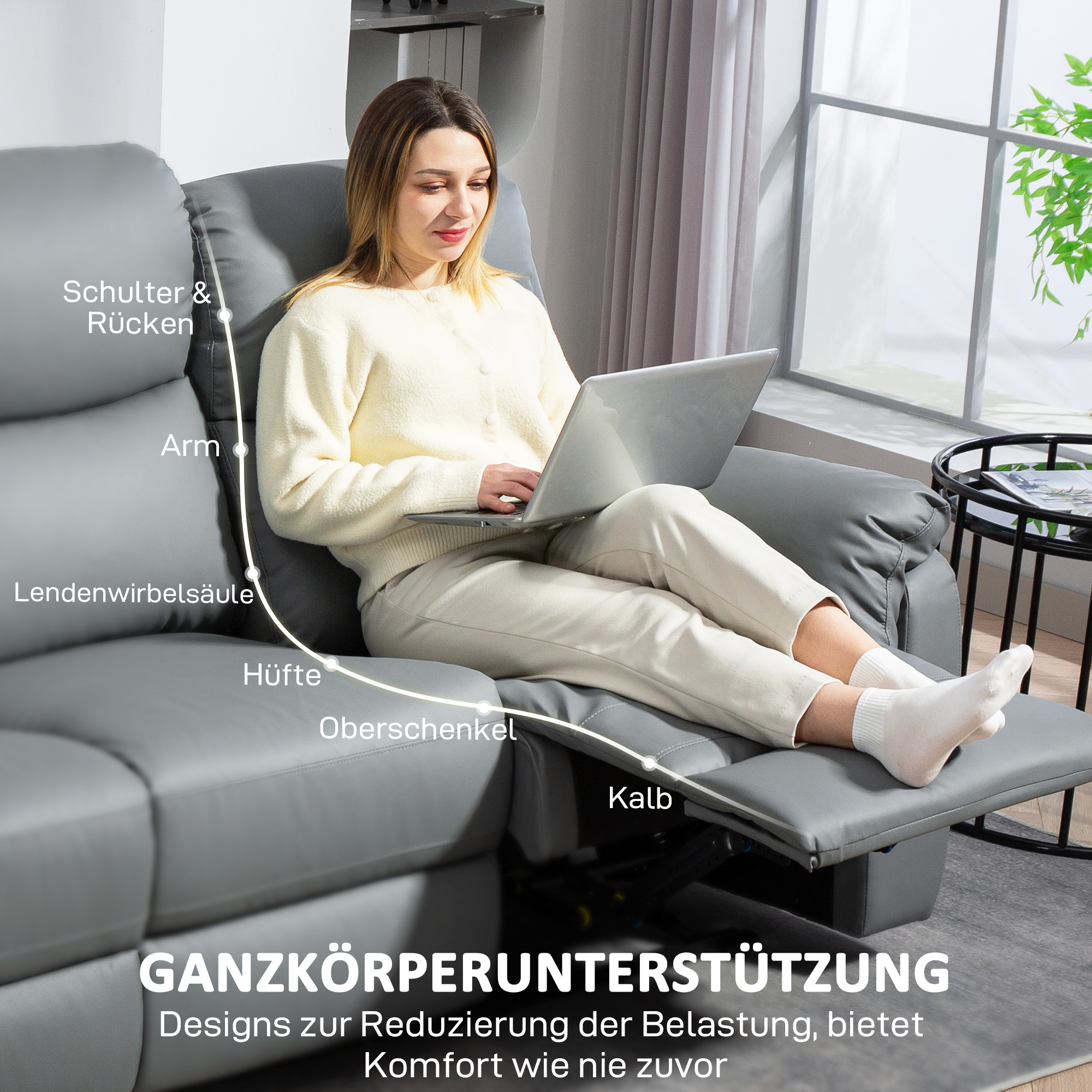 3-Sitzer-Sofa, linker und rechter Sitz zurücklehnbar, anpassbare Fußstütze, Kunstlederbezug, für Wohnzimmer, Dunkelgrau