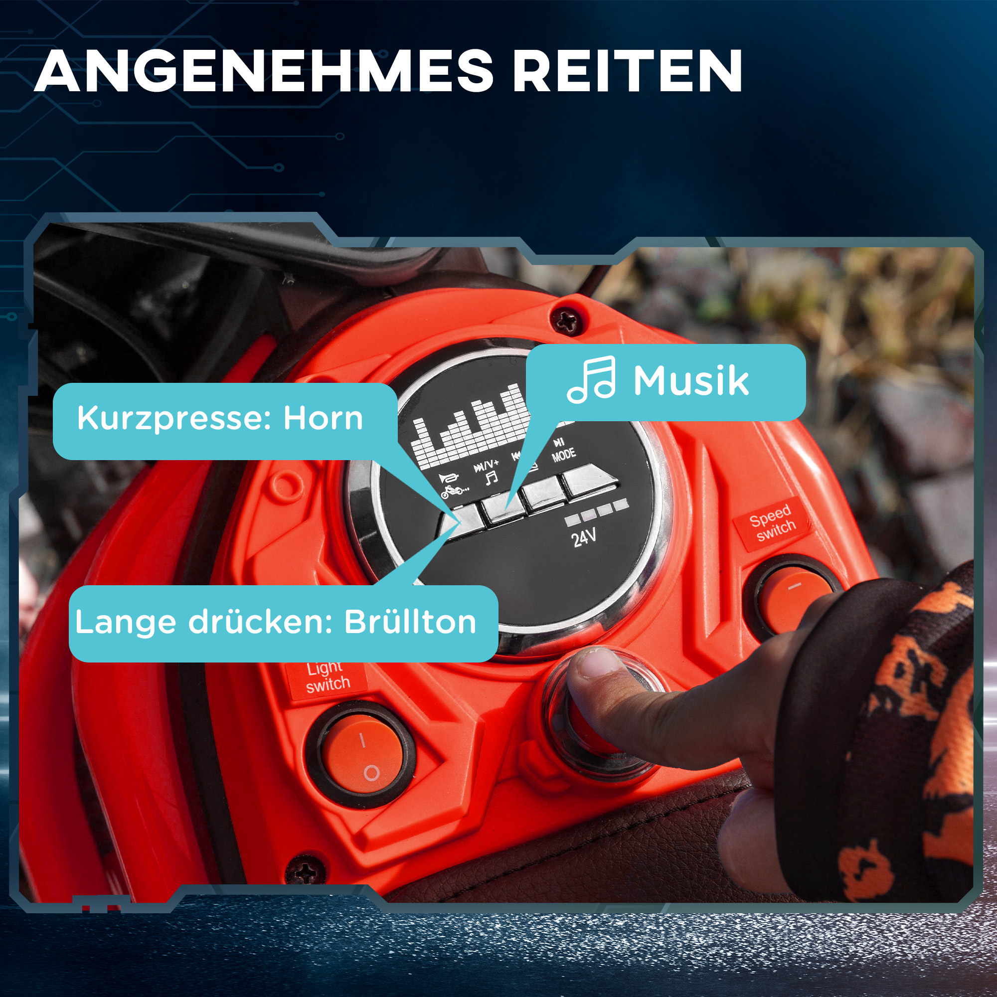Elektro-Motorrad für Kinder, 24V Kindermotorrad mit Hupe, Leuchte, mit Drehgriff-Gashebel, 8-16 km/h, 8-12 Jahre, Rot