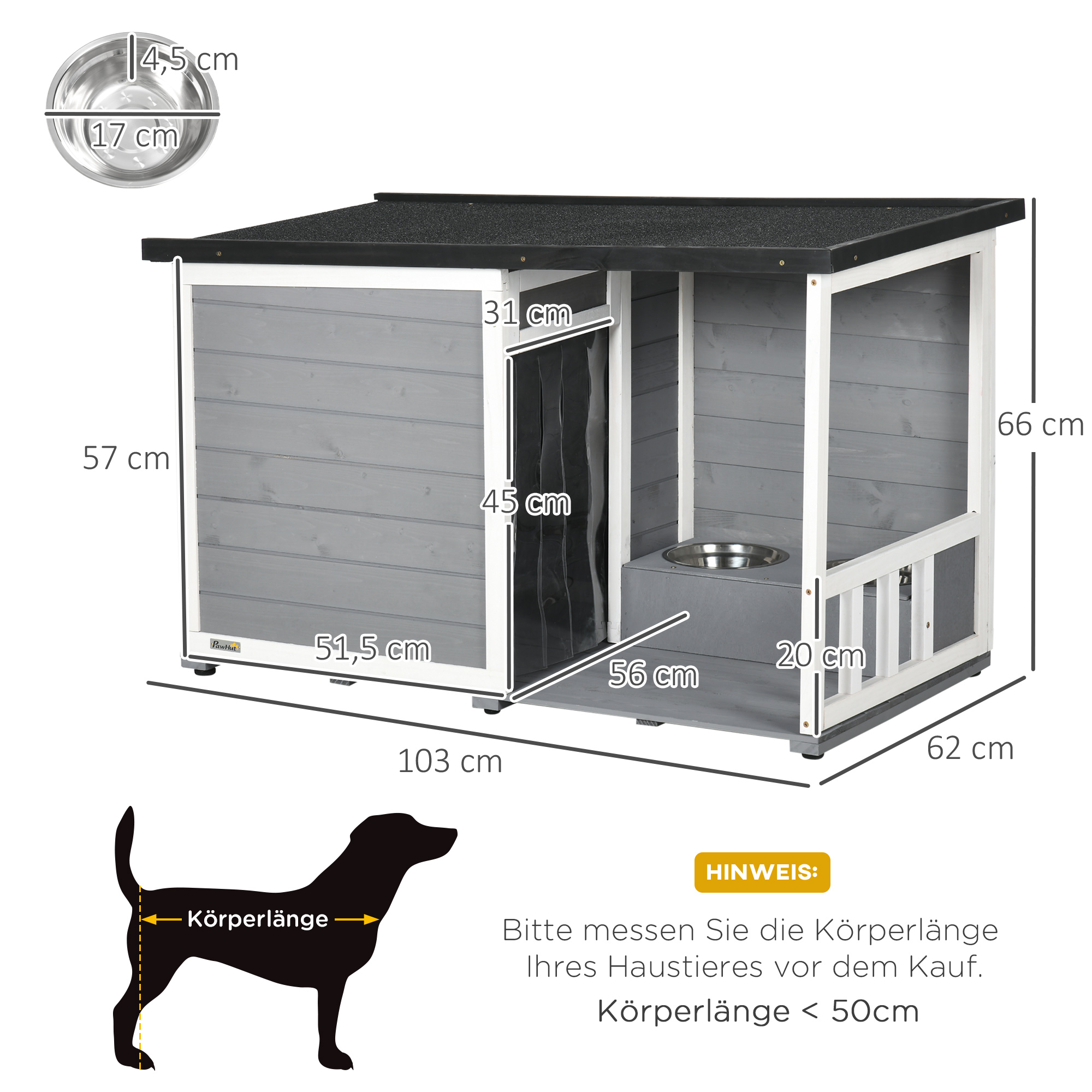 Hundehütte aus Massivholz, mit 2 Fressnäpfen, Veranda, wetterbeständig, 103 cm x 62 cm x 66 cm, Grau + Weiß