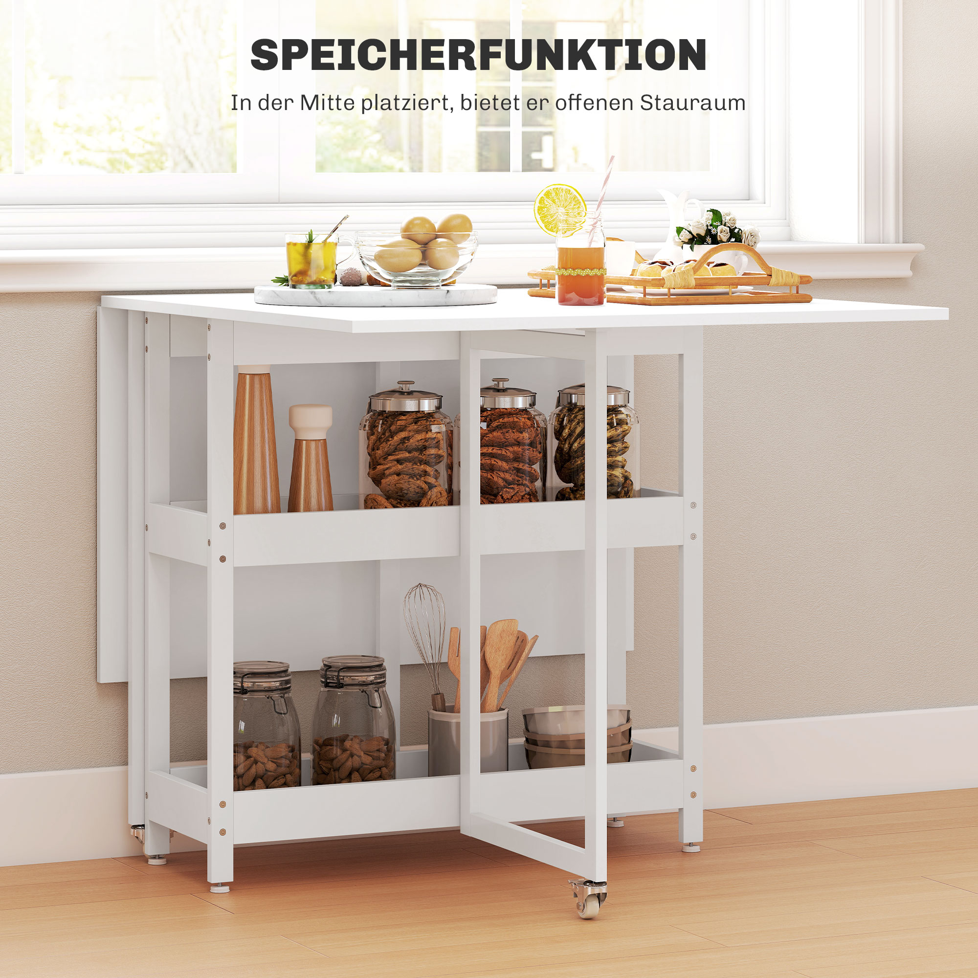 Klappbarer Esstisch im Industriedesign, für bis zu 4 Personen, offene Regale, flexibel, Metall, Spanplatte, Weiß