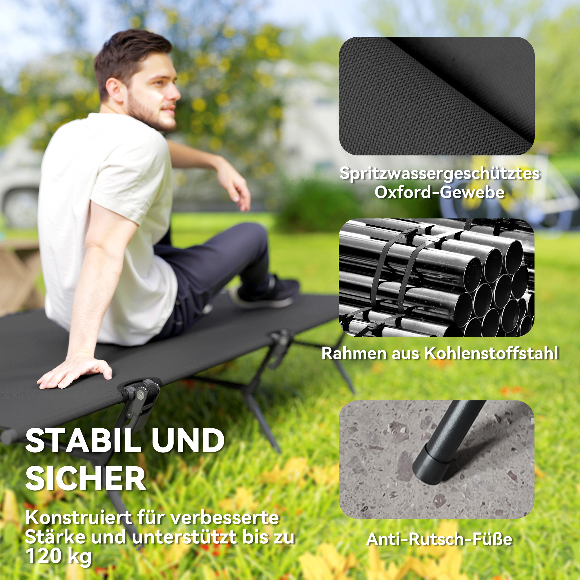 Feldbett faltbar Campingbett mit Tragetasche 200 x 100 x 36 cm bis 120 kg Extra Breit Schwarz