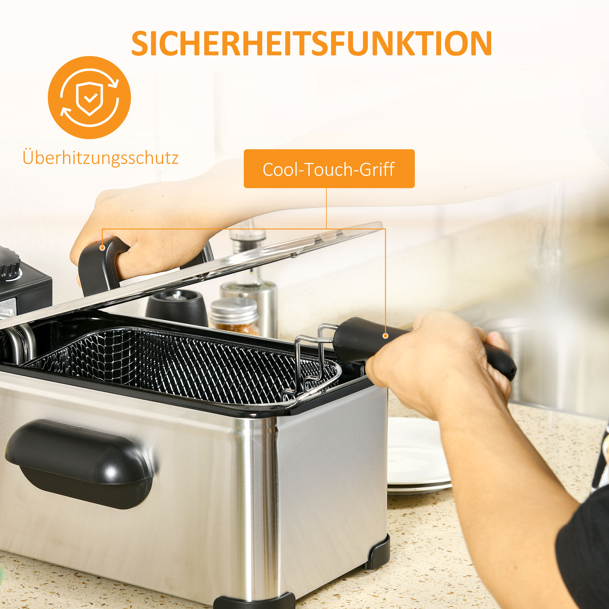 Fritteuse, 3 Liter, 2,000W Leistung, Klarsichtdeckel, kühler Griff, Schwarz