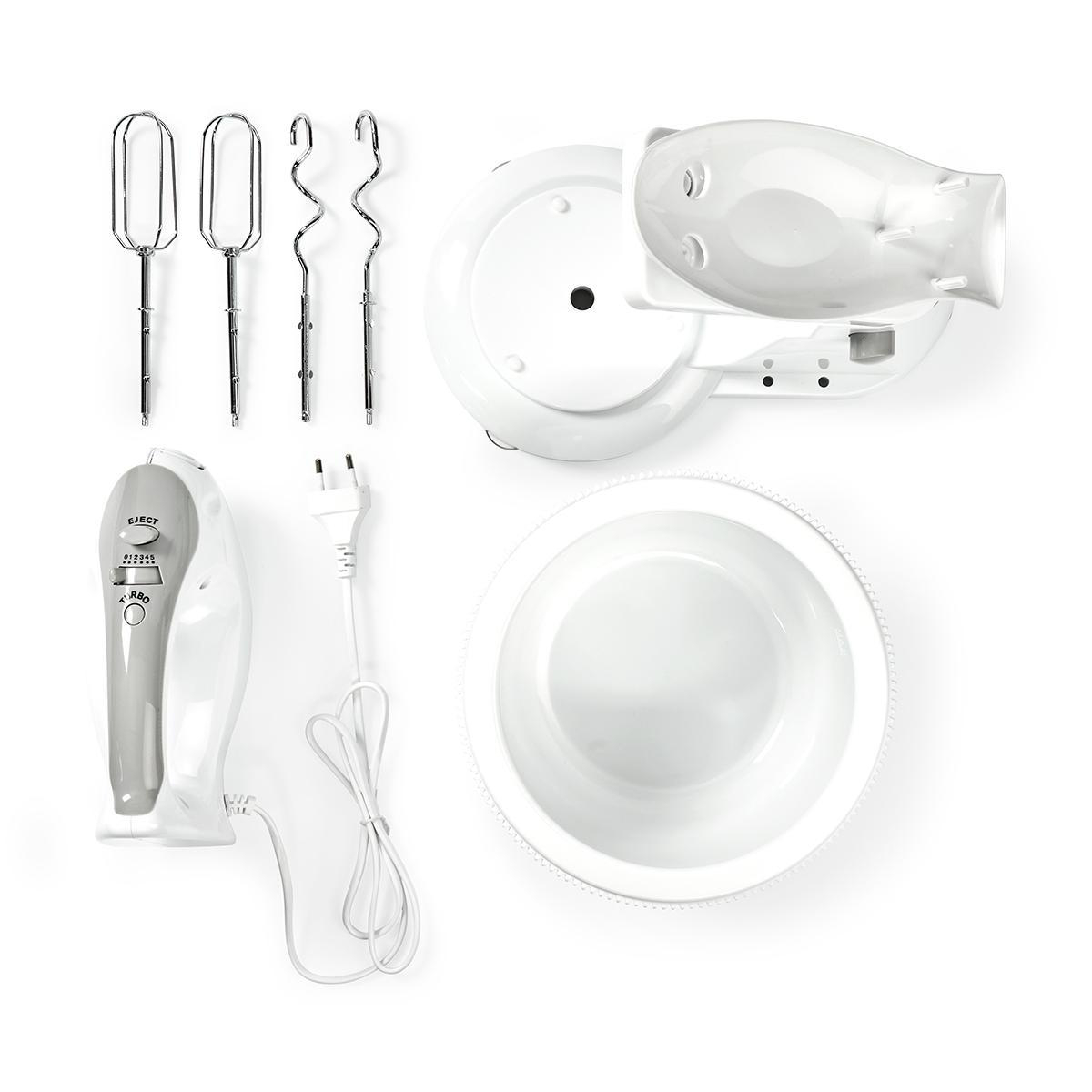 Handmixer | 200 W | 5 Geschindigkeitsstufen | Turbofunktion | Schüssel drehen / 2 Knethaken / 2 Quirle | Grau / Weiss