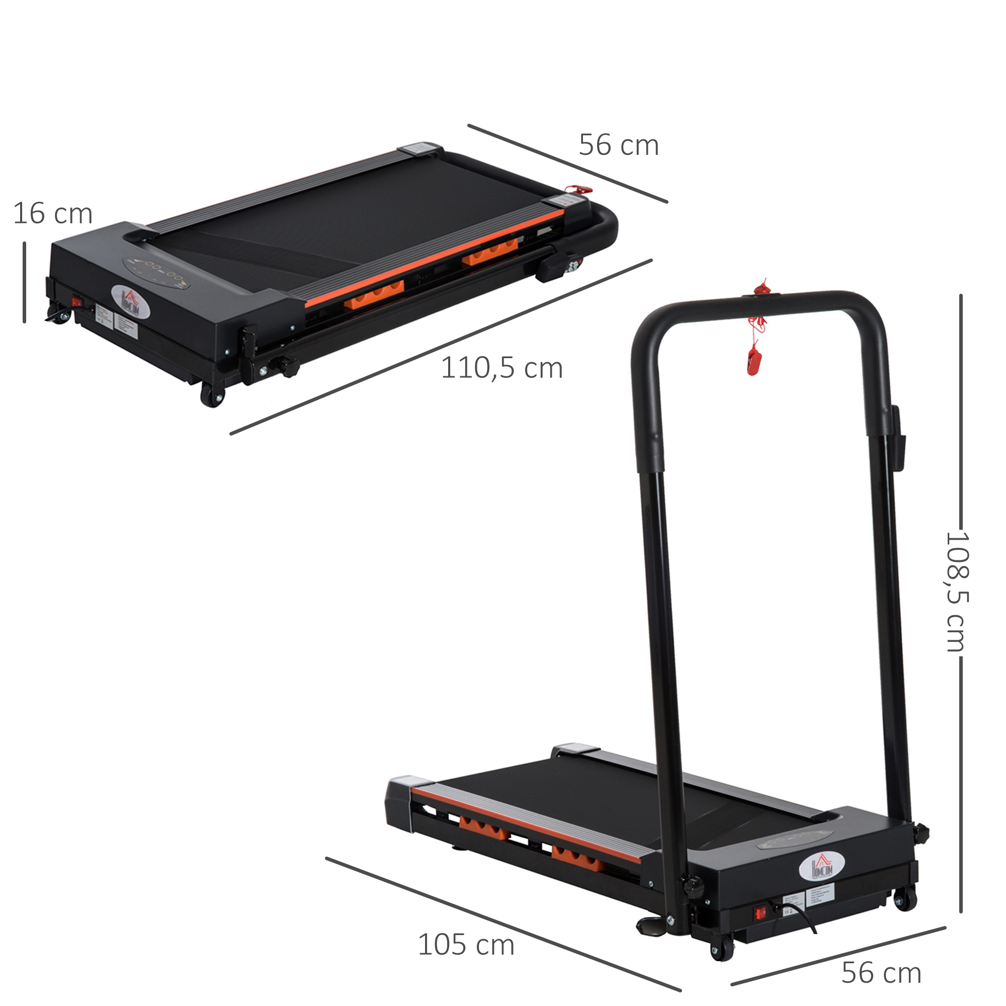Elektrisches Laufband für Zuhause mit LCD Display, Faltbares Fitnessgerät, 1-6 Km/h, Stahl, Schwarz, 105 x 56 x 108,5 cm