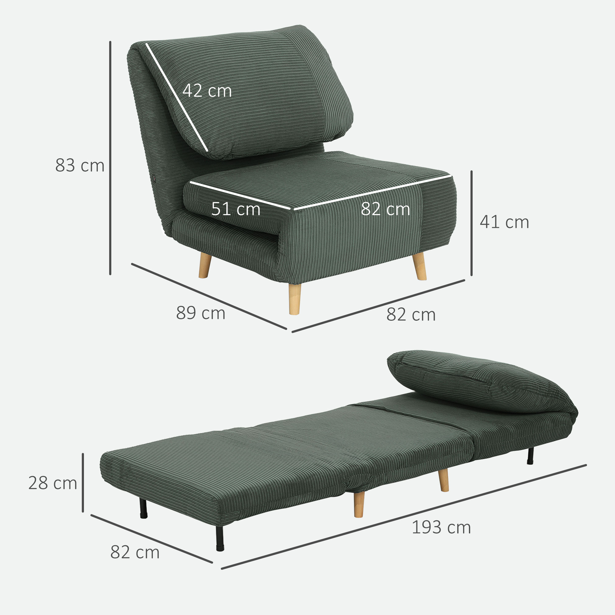 2-in-1 Schlafsessel Gästebett, verstellbare  Kopfstütze Cord-Optik 82 cm x 8 cm x 83 cm Grün