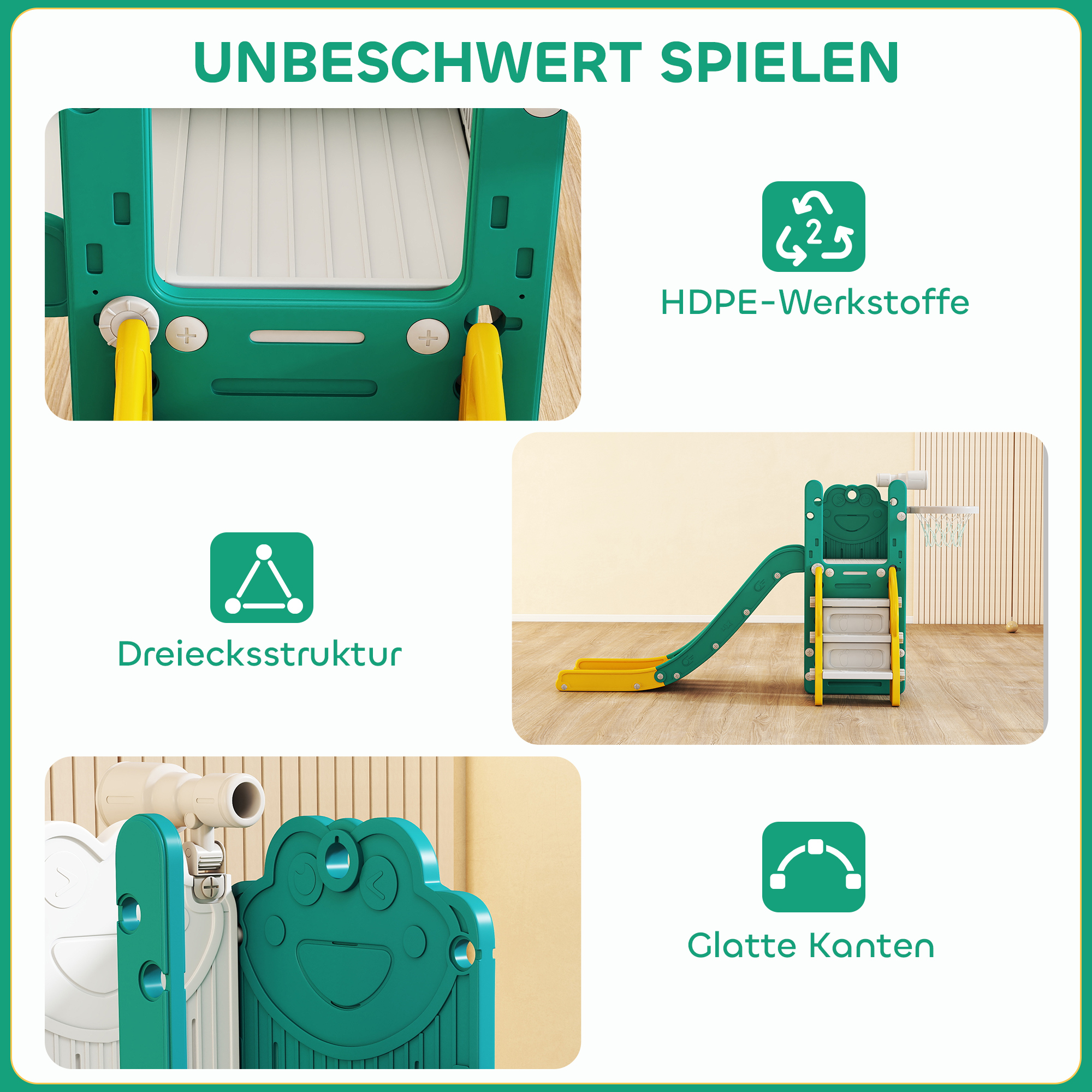 5-in-1 Kinderrutschenset, Teleskop, Basketballkorb, Kunststoff, Gelb+Grün