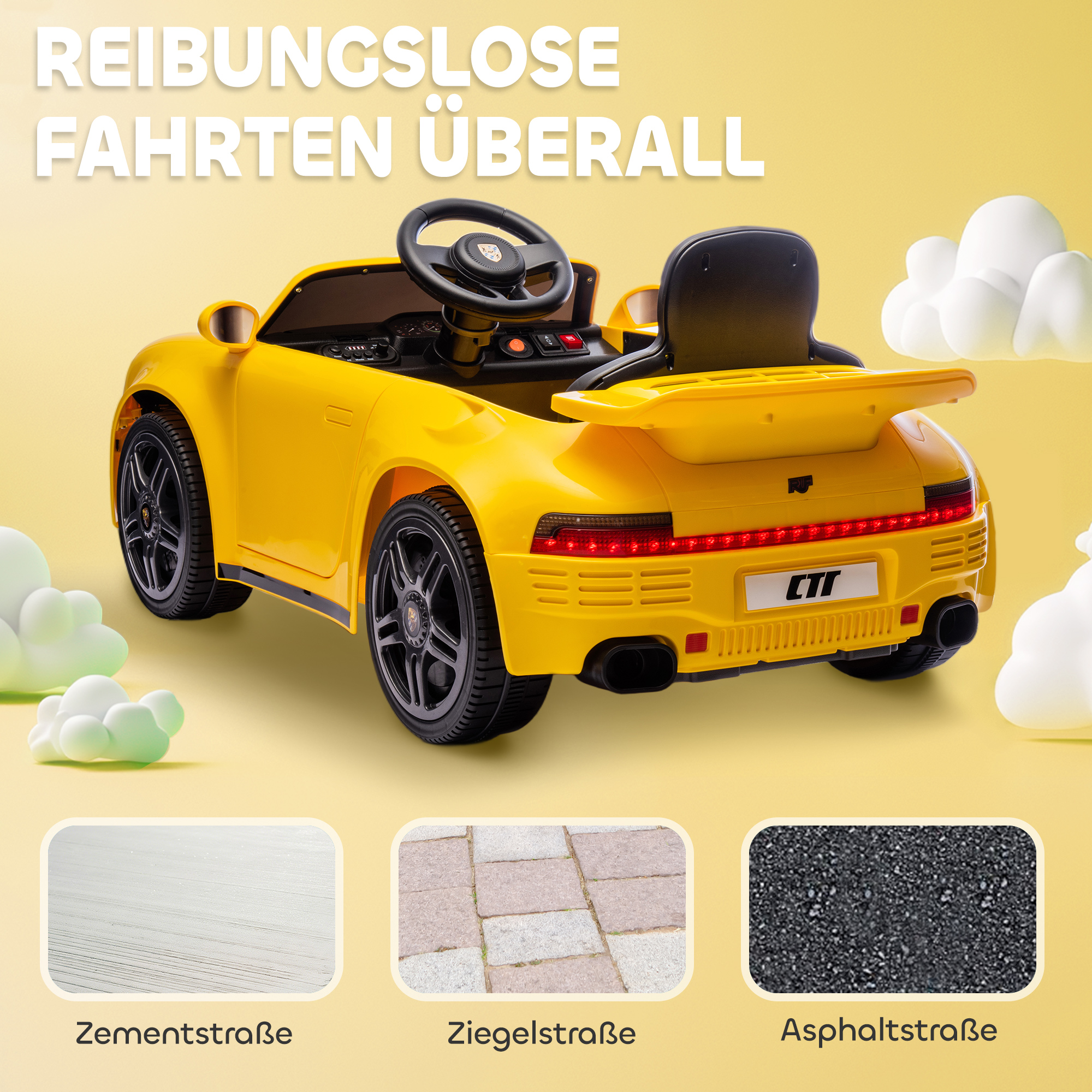 Kinder-Elektroauto, 12V Kinderauto mit Fernbedienung, sanfter Start, MP3-Player, LED-Lichter, Hupe, Energieanzeige, Gelb