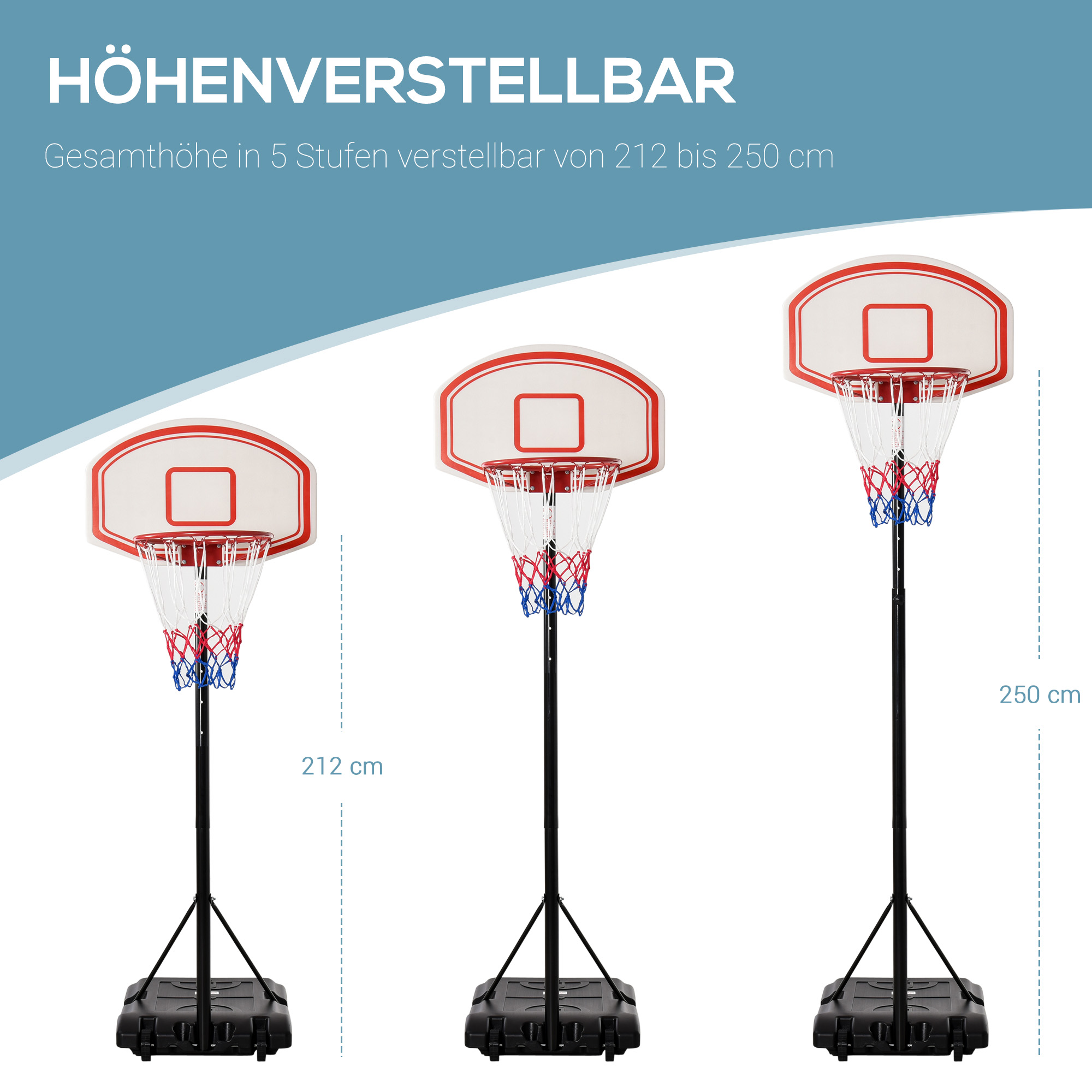Basketballkorb, Basketballständer, höhenverstellbar, mit Wasser befüllbar, Schwarz