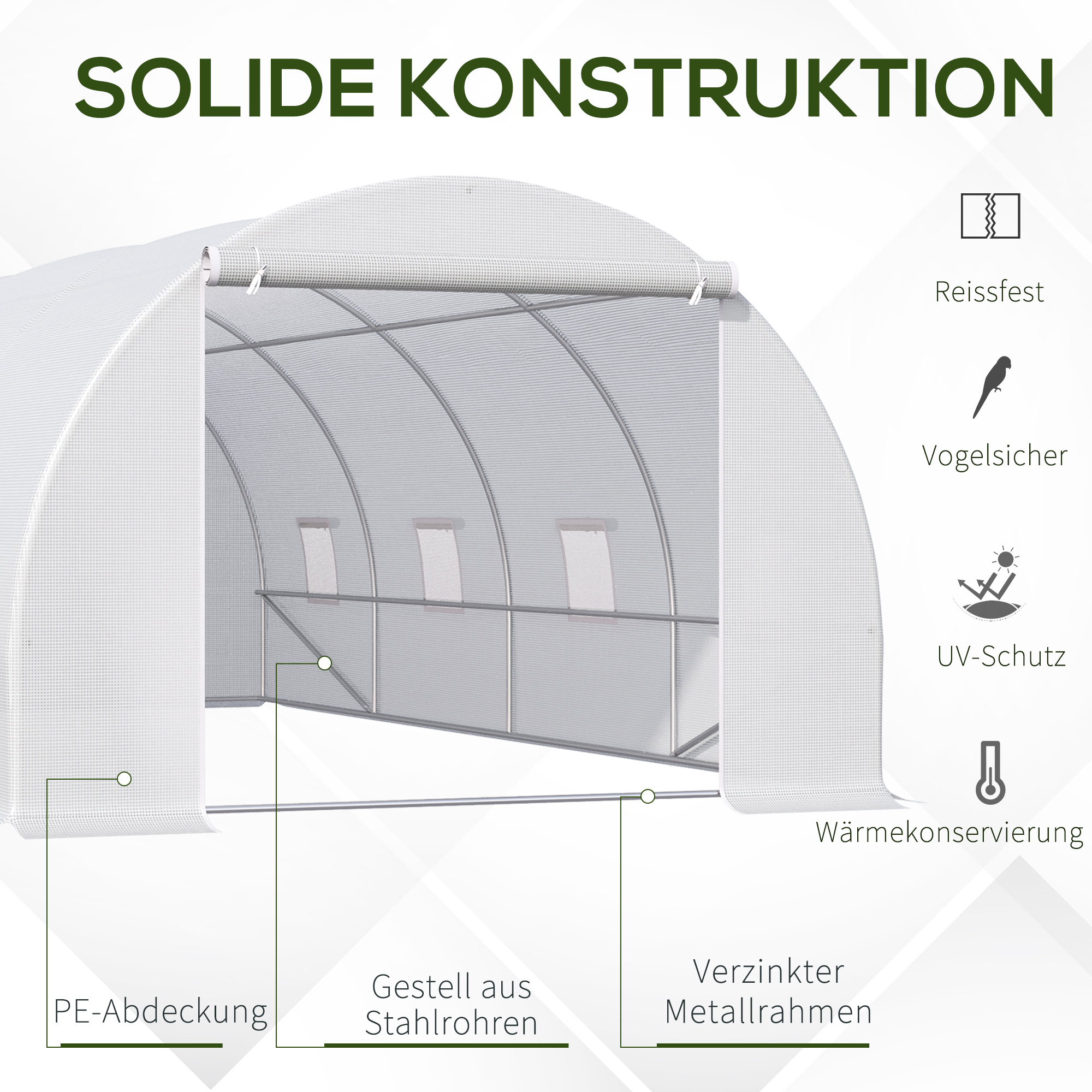 Gewächshaus 595x300x200cm Foliengewächshaus Tomatenhaus mit Tür, Fenster, Folientunnel aus verzinktem Stahl, Pflanztunnel, Treibhaus inkl, Erdanker Seilen, Gartentunnel, Weiß
