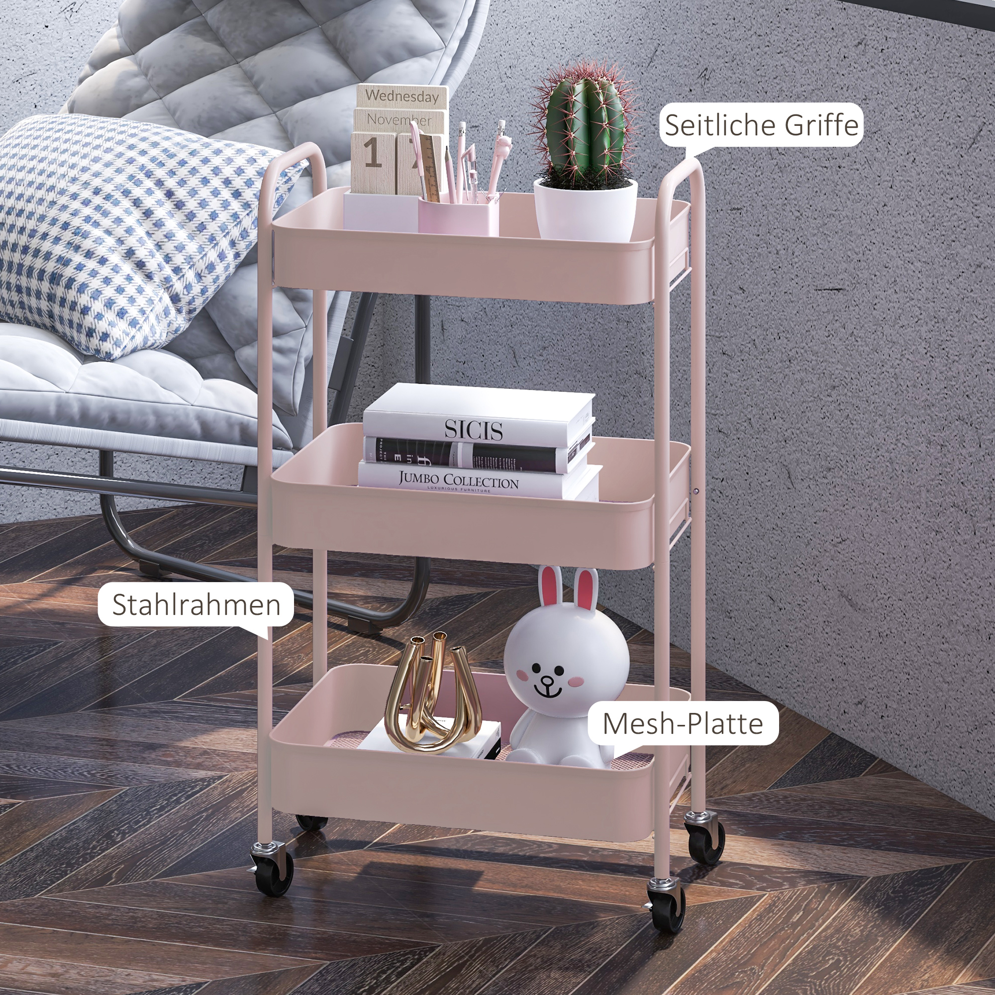 Mehrzweckwagen Rollwagen Küchenwagen, 3 Regale, 4 Rollen, 45 cm x 30,6 cm x 79 cm, Rosa