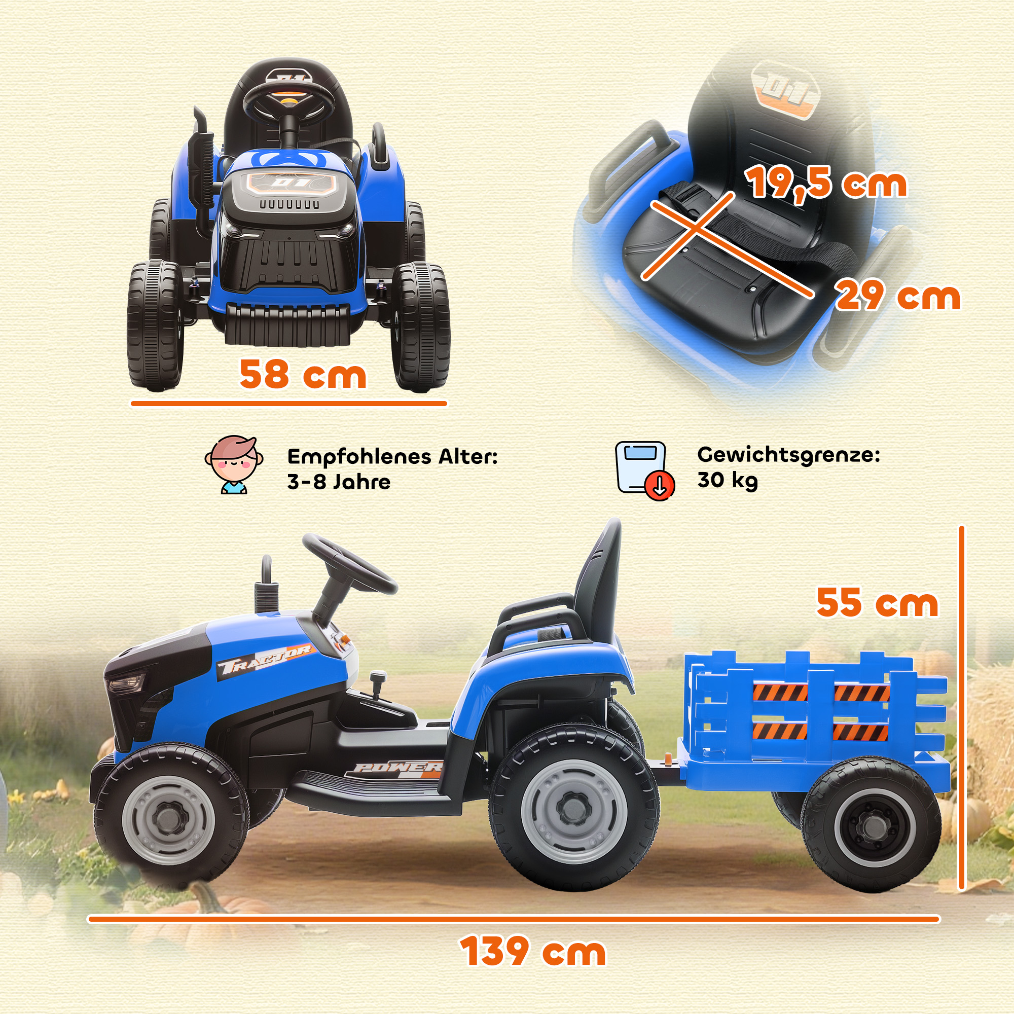 Elektrischer Kindertraktor, Aufsitz-Traktor mit Fernbedienung, Soft-Start, für Kinder im Alter von 3-8 Jahren, Blau