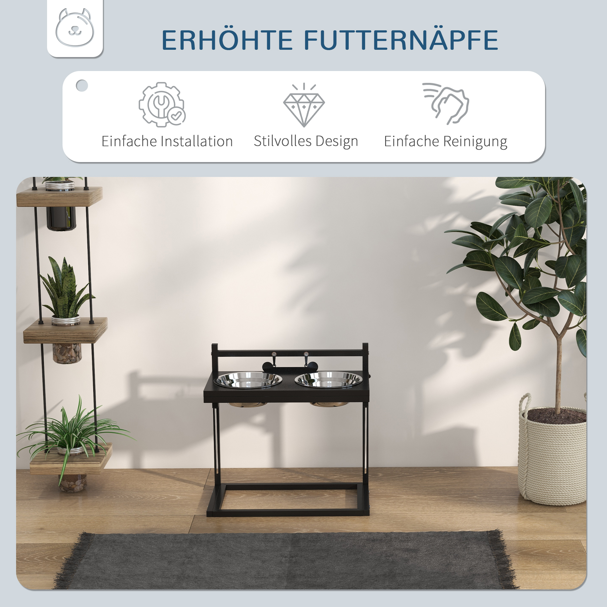 Futterstation Erhöhte Futternäpfe Fressnäpfe, Futternäpfe aus Edelstahl, 40,5 x 22 x 39 cm, Schwarz + Silber