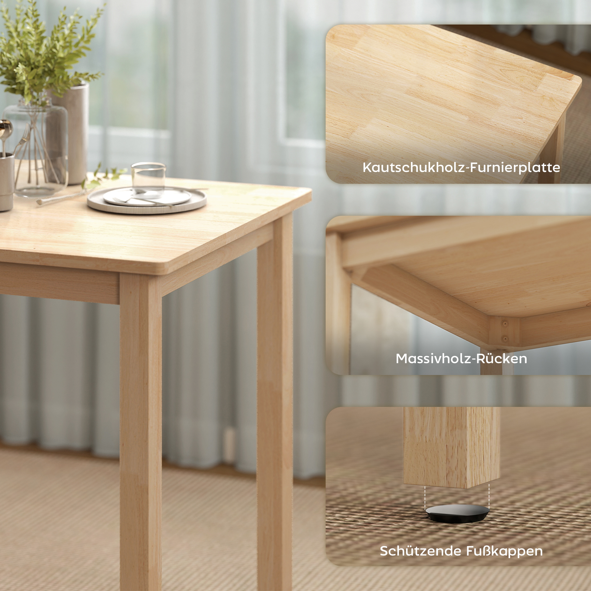 3-teiliges Esstisch-Set mit 2 Stühlen, Küchentisch für kompakte Räume, gepolsterte Stühle, platzsparend, MDF, Naturholz