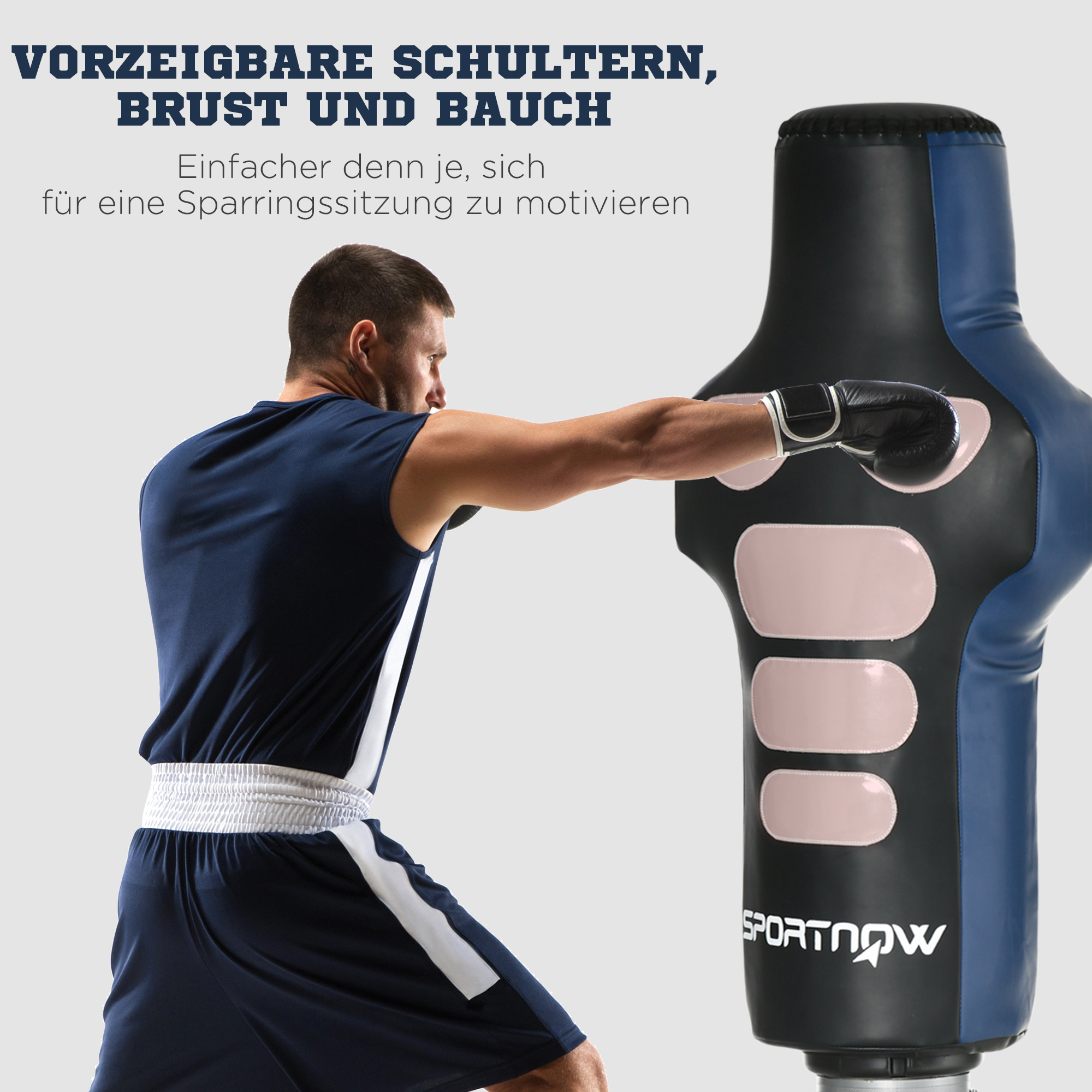 Boxdummy, freistehend, höhenverstellbar, schwerer Standfuß, Kunstleder, schwarz+grau+blau, 55 x 55 x 178-207 cm