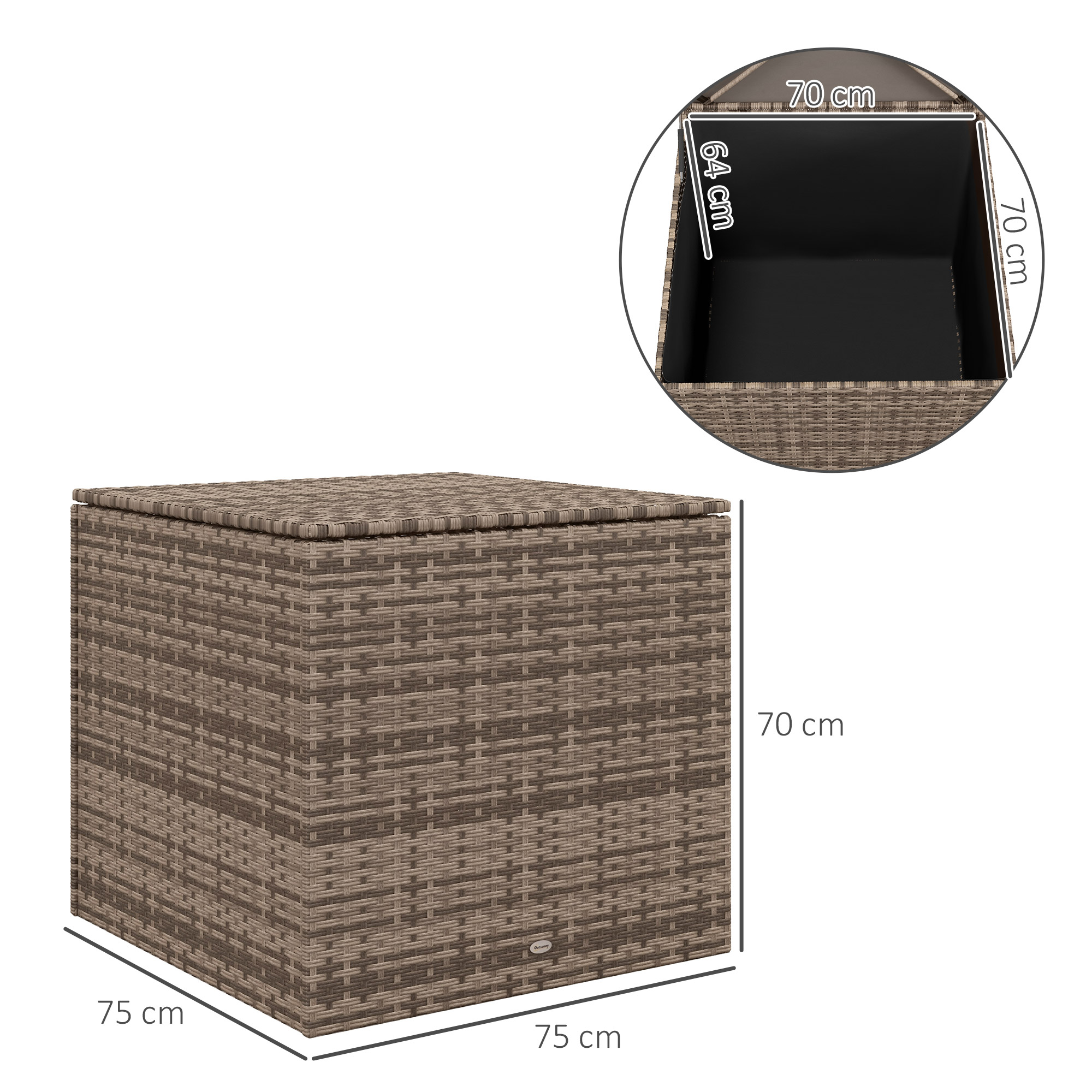 Polyrattan Auflagenbox, Stoff-Innenauskleidung, leichtes Öffnen/Schließen, Metallrahmen, 75B x 75T x 70H cm, Schwarz
