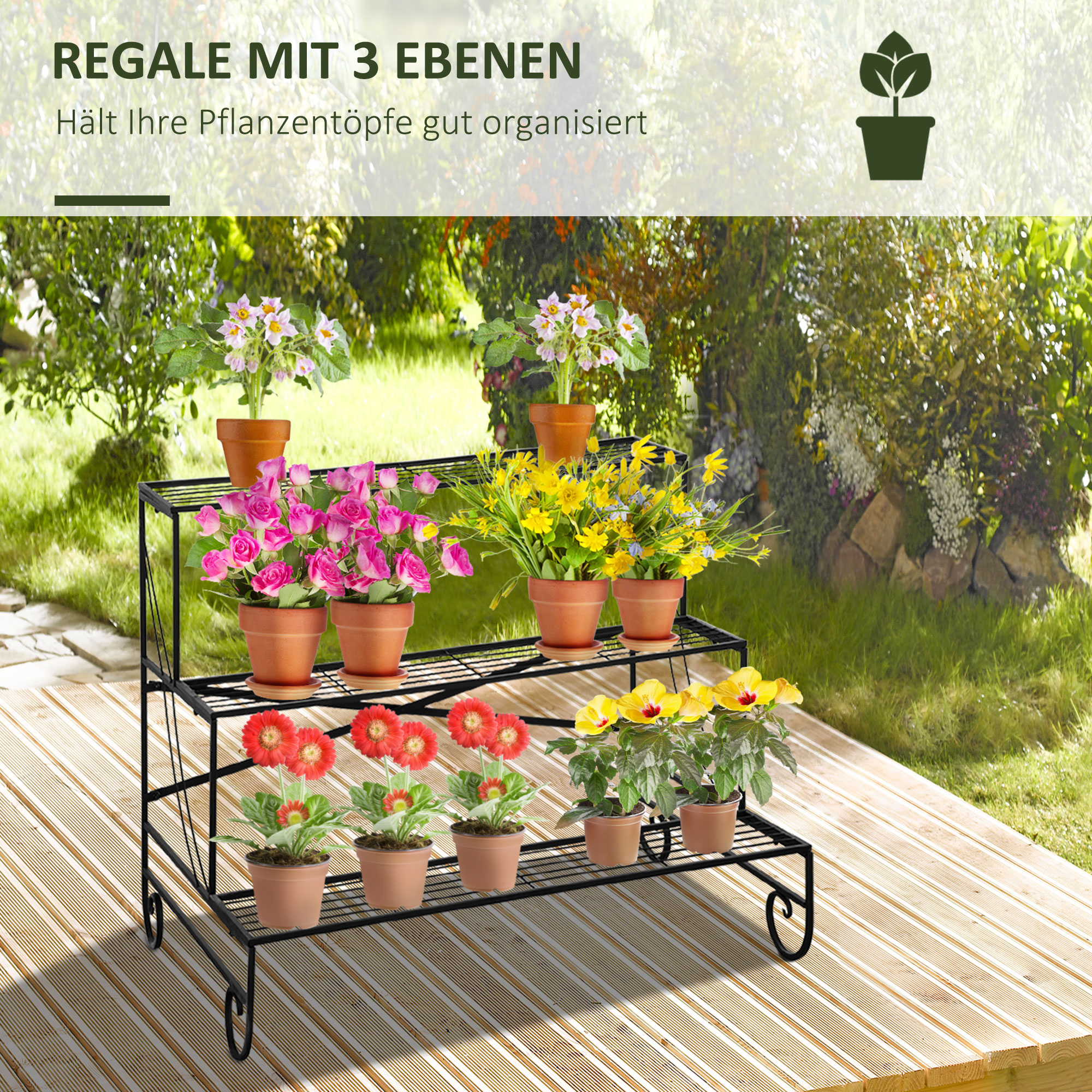 Blumenständer Blumenregal aus Metall 3 Stufen Pflanzenregal Blumentreppe  für innen und außen Garten Balkon Schwarz 95 x 63 x 72 cm