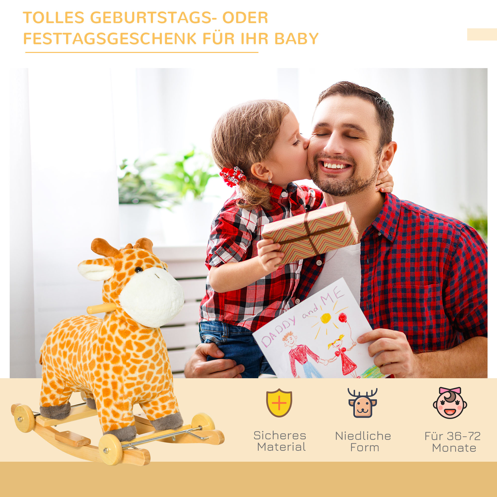 2-IN-1 Schaukeltier Giraffen mit Sound Effekt, Räder , Haltegriffen Plüsch Baby Schaukelspielzeug Schaukel Schaukelsitz für Kleinkinder 3-6 Jahre