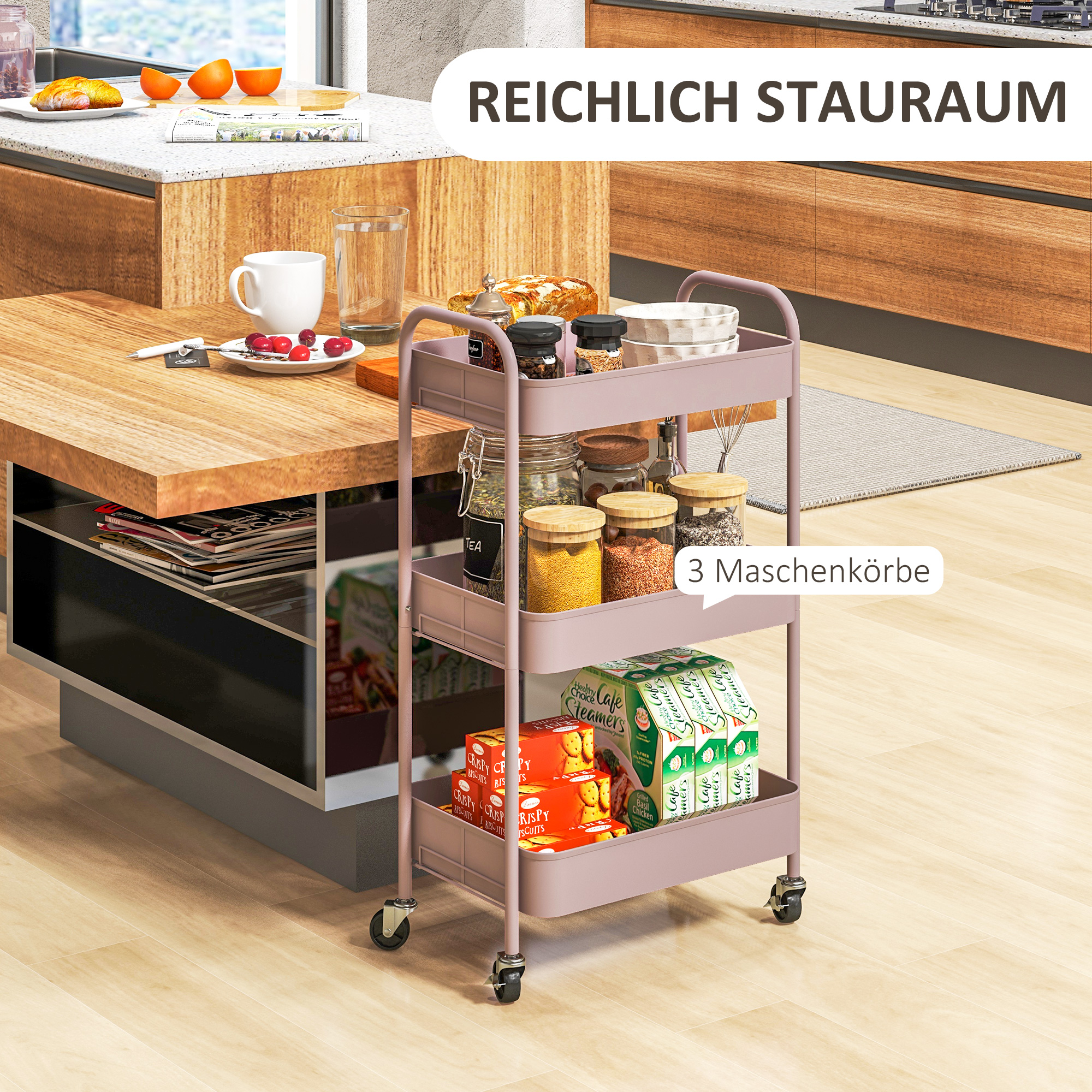 Mehrzweckwagen Rollwagen Küchenwagen, 3 Regale, 4 Rollen, 45 cm x 30,6 cm x 79 cm, Rosa