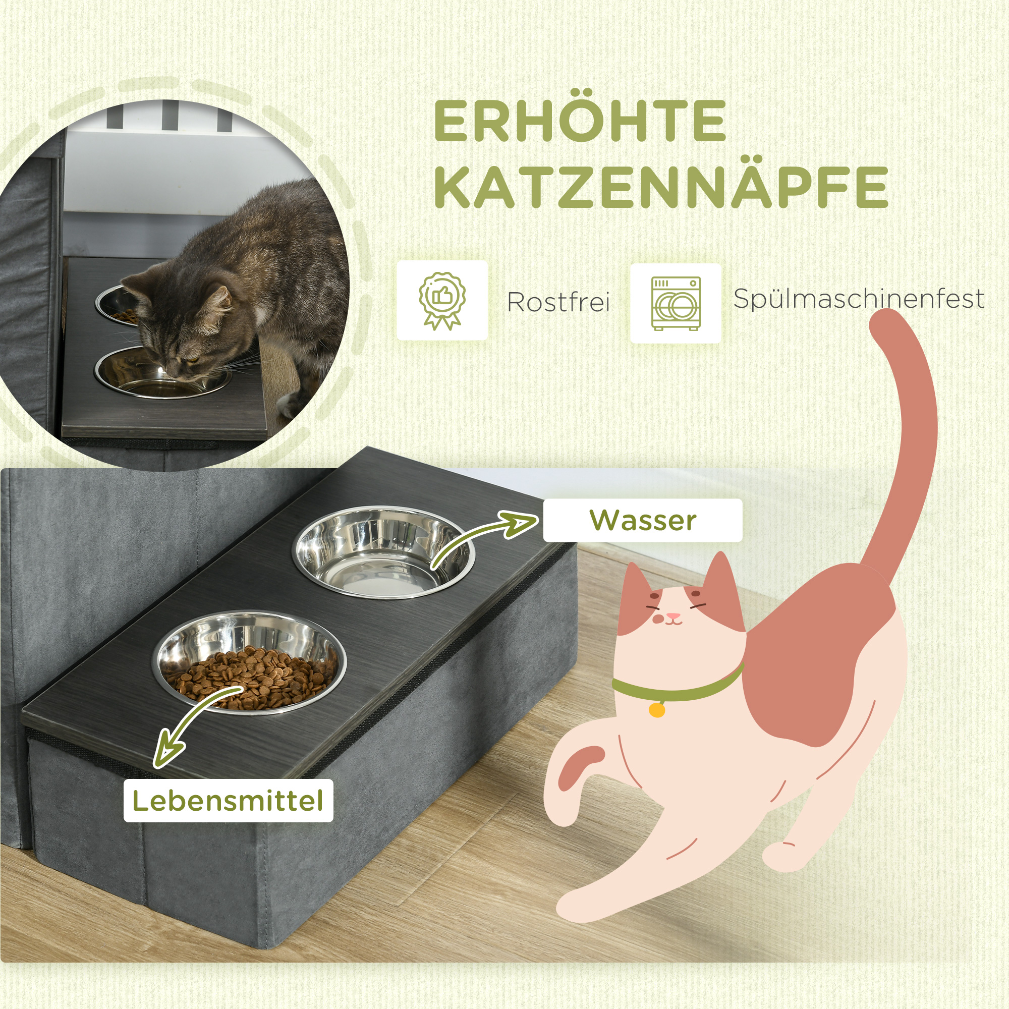 Katzenhaus Katzenhütte Katzenhöhle, 3 Haustiertreppen, 2 Fressnäpfe, 70 x 50 x 51, cm,  Grau