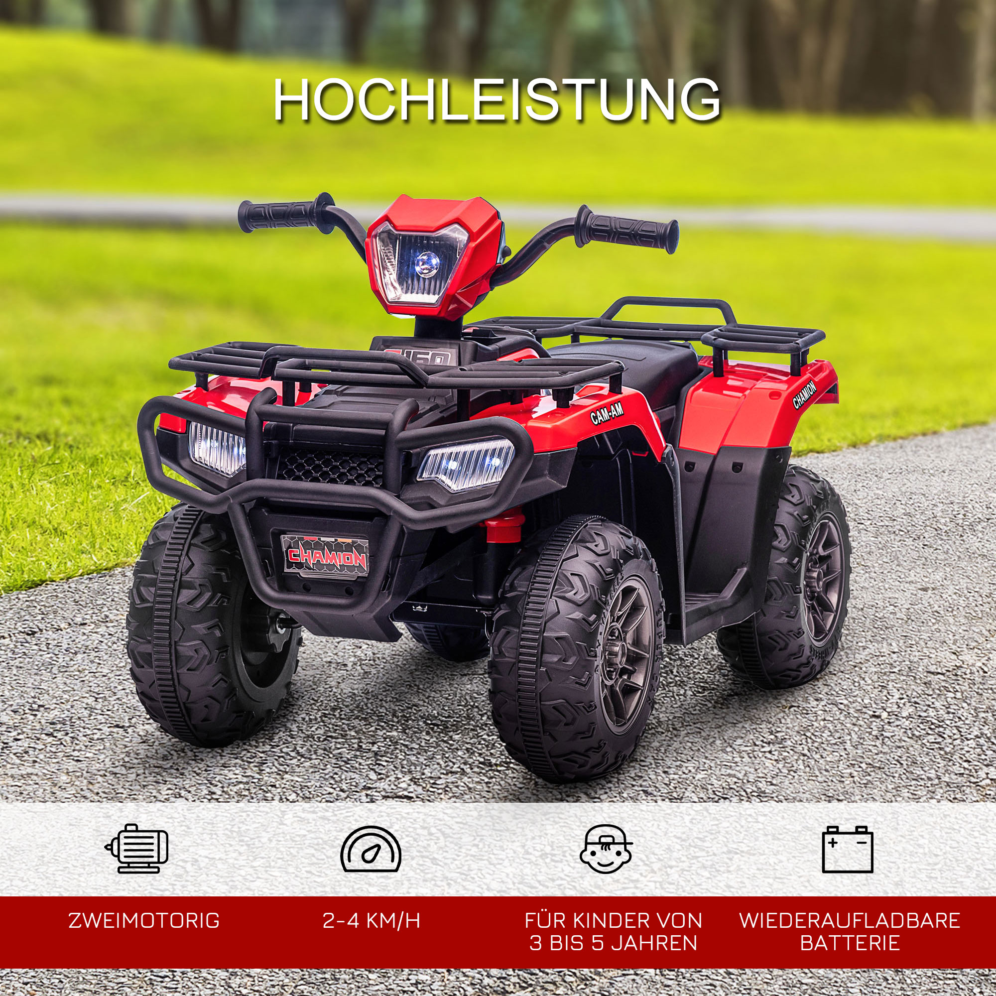 Kinderquad, max, 4 km/h, ab 3 Jahren, LED-Scheinwerfer, Musikanschluss, schwarz+rot 88 x 45 x 50 cm