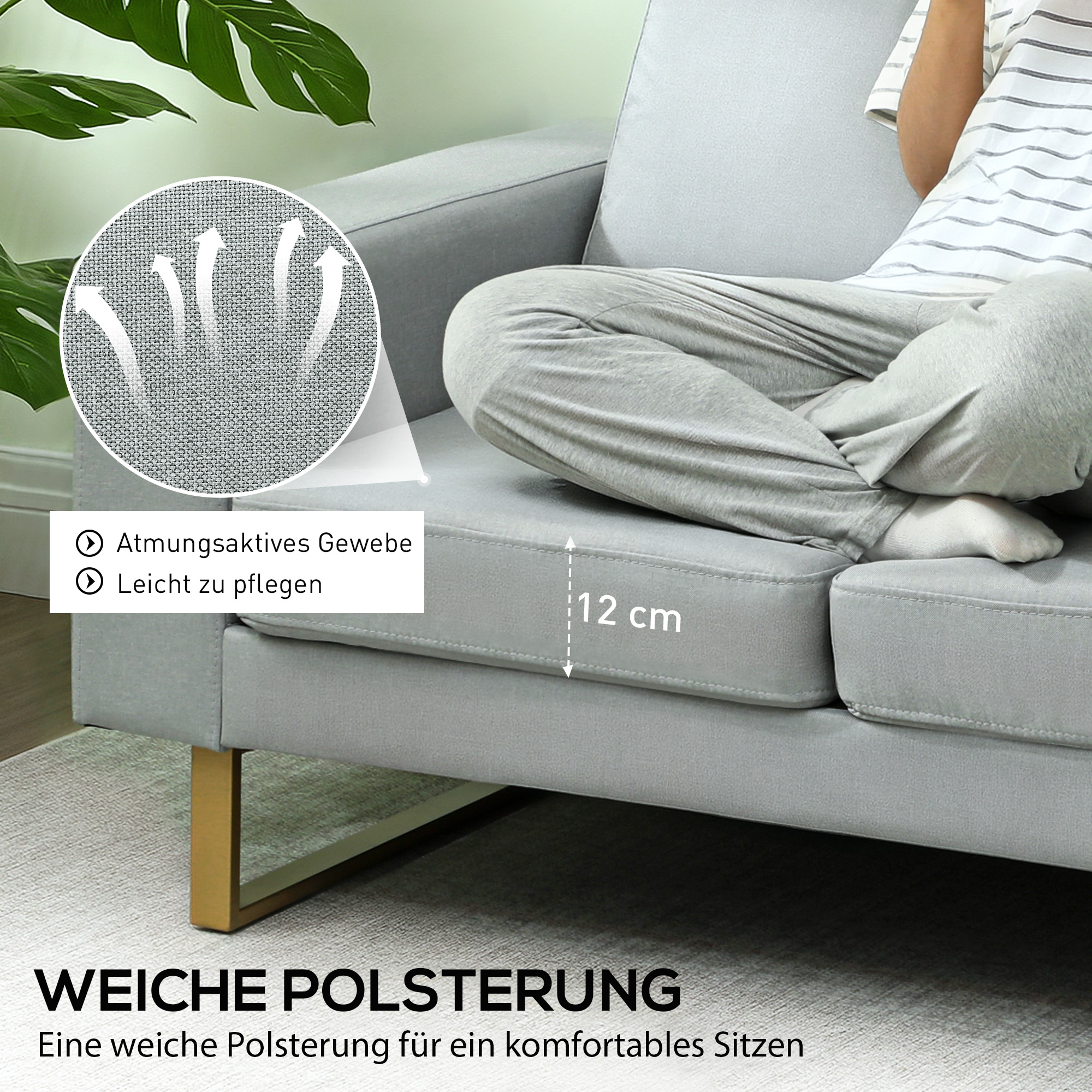 2-Sitzer-Sofa, Couch mit Vollholzrahmen, Metallbeine, schlichtes Design, Hellgrau