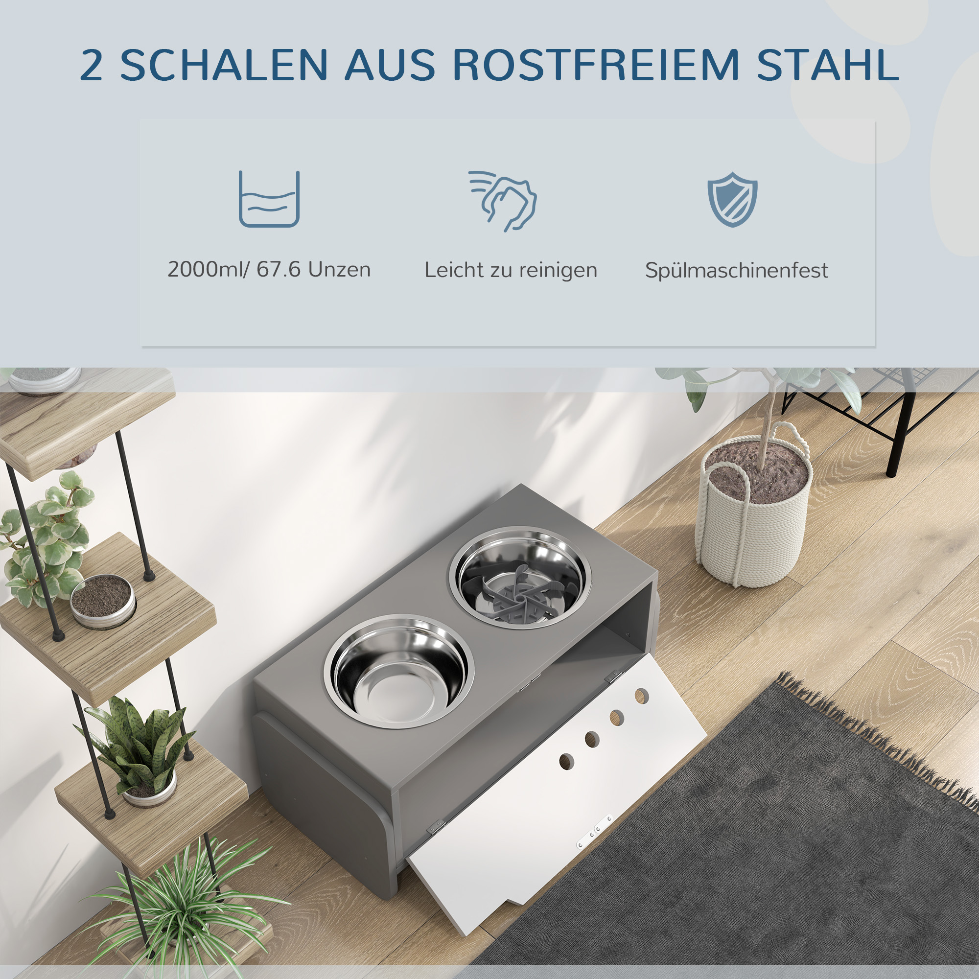 Erhöhte Fütterungsstation für Hunde, mit Stauraum und Anti-Schling-Matte, 2 x 2000 ml Edelstahlnapf, Grau