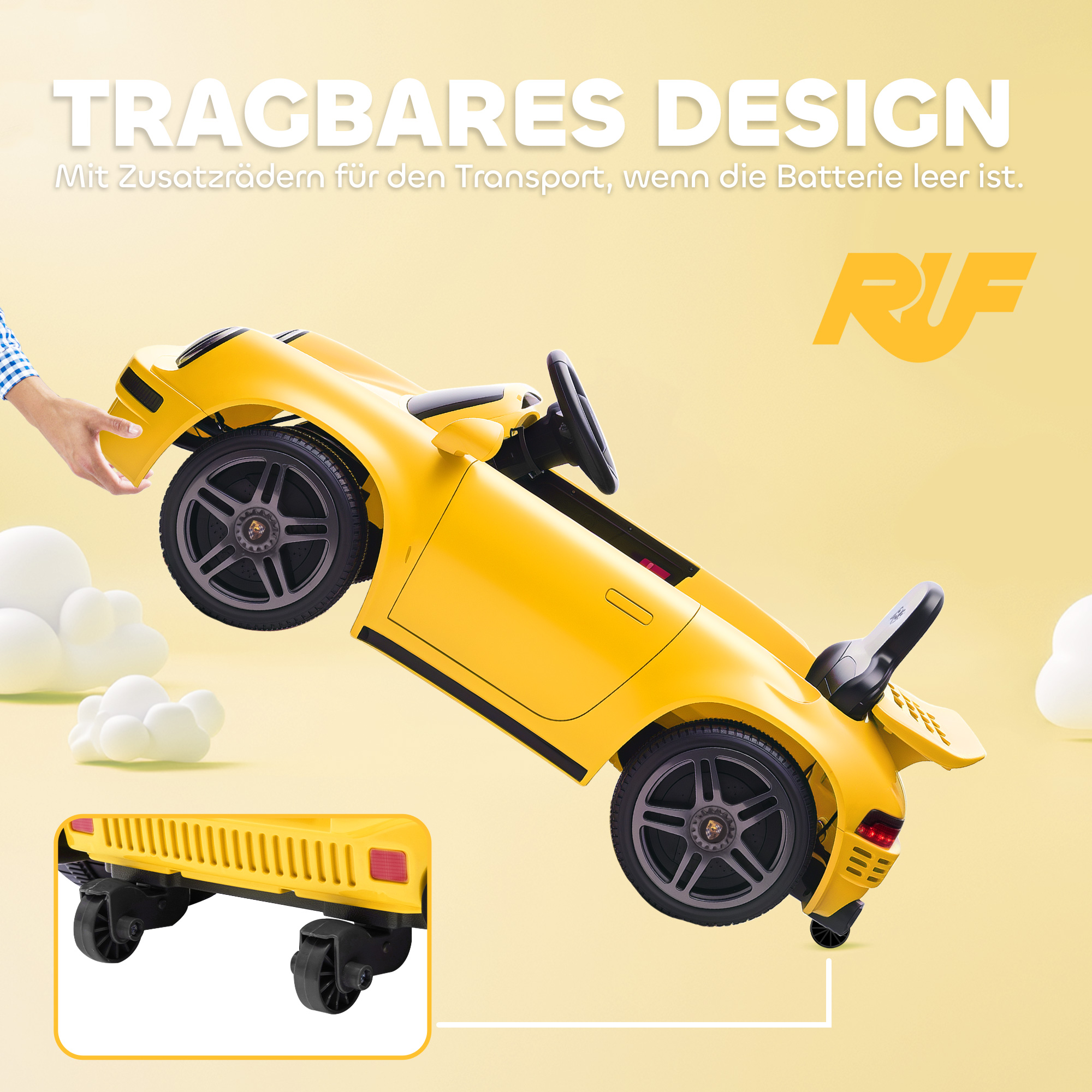 Kinder-Elektroauto, 12V Kinderauto mit Fernbedienung, sanfter Start, MP3-Player, LED-Lichter, Hupe, Energieanzeige, Gelb